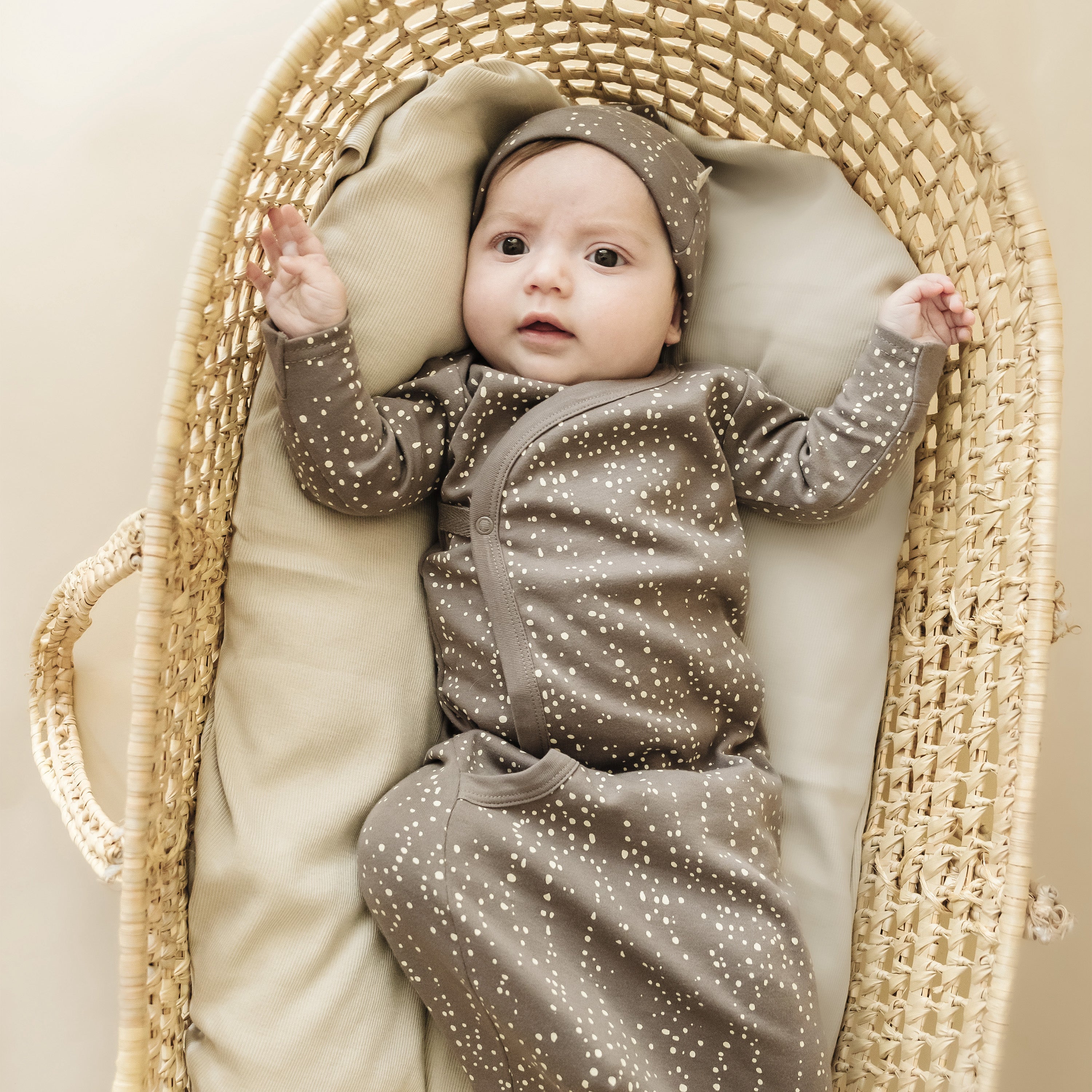 Organic Baby Sleep Gown Knotted - Speckle Kimono Knotted Gown Makemake Organics   