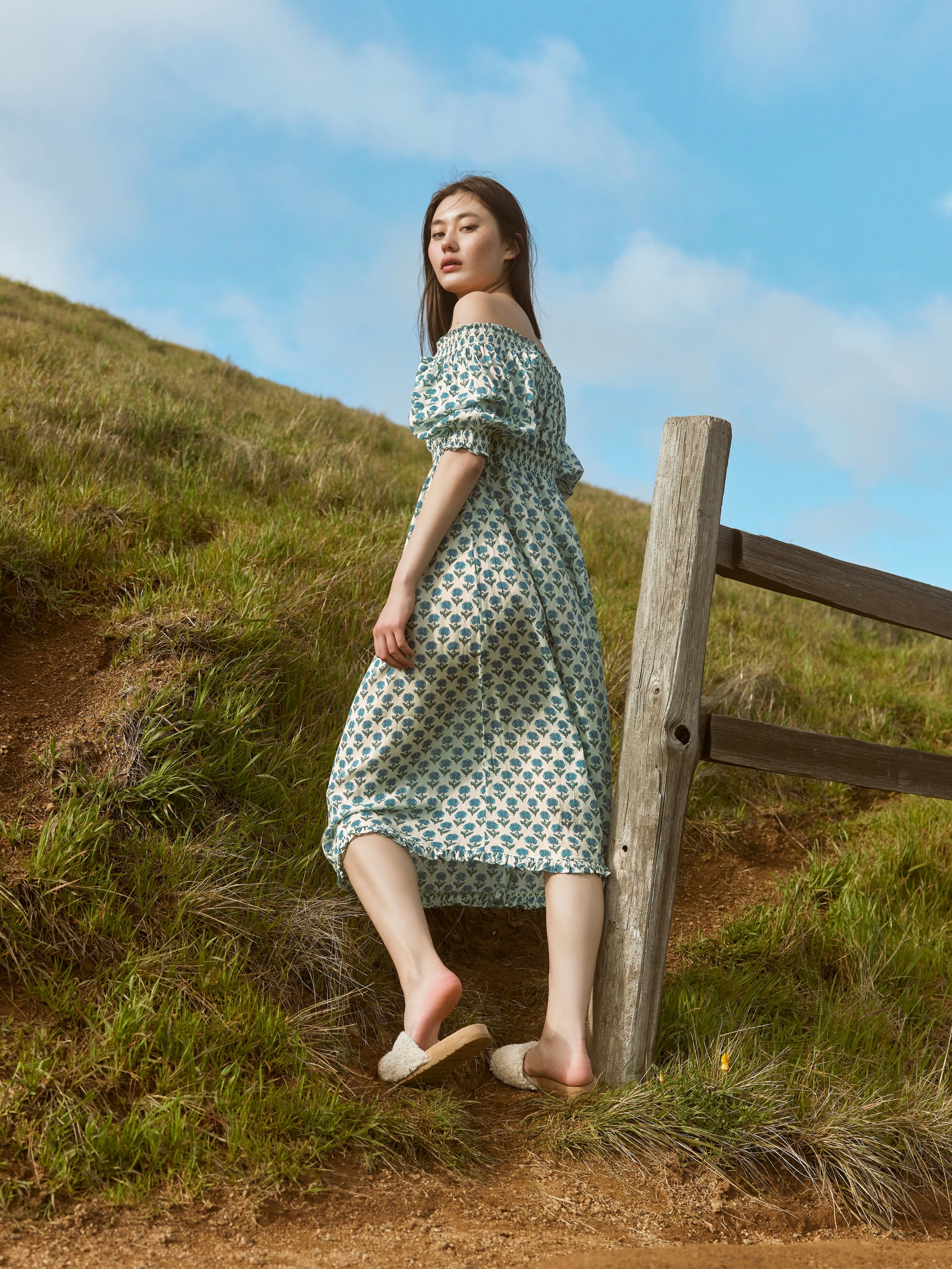 Rosie Midi Dress Nightgown - Ivory/Blue Bell Floral Print