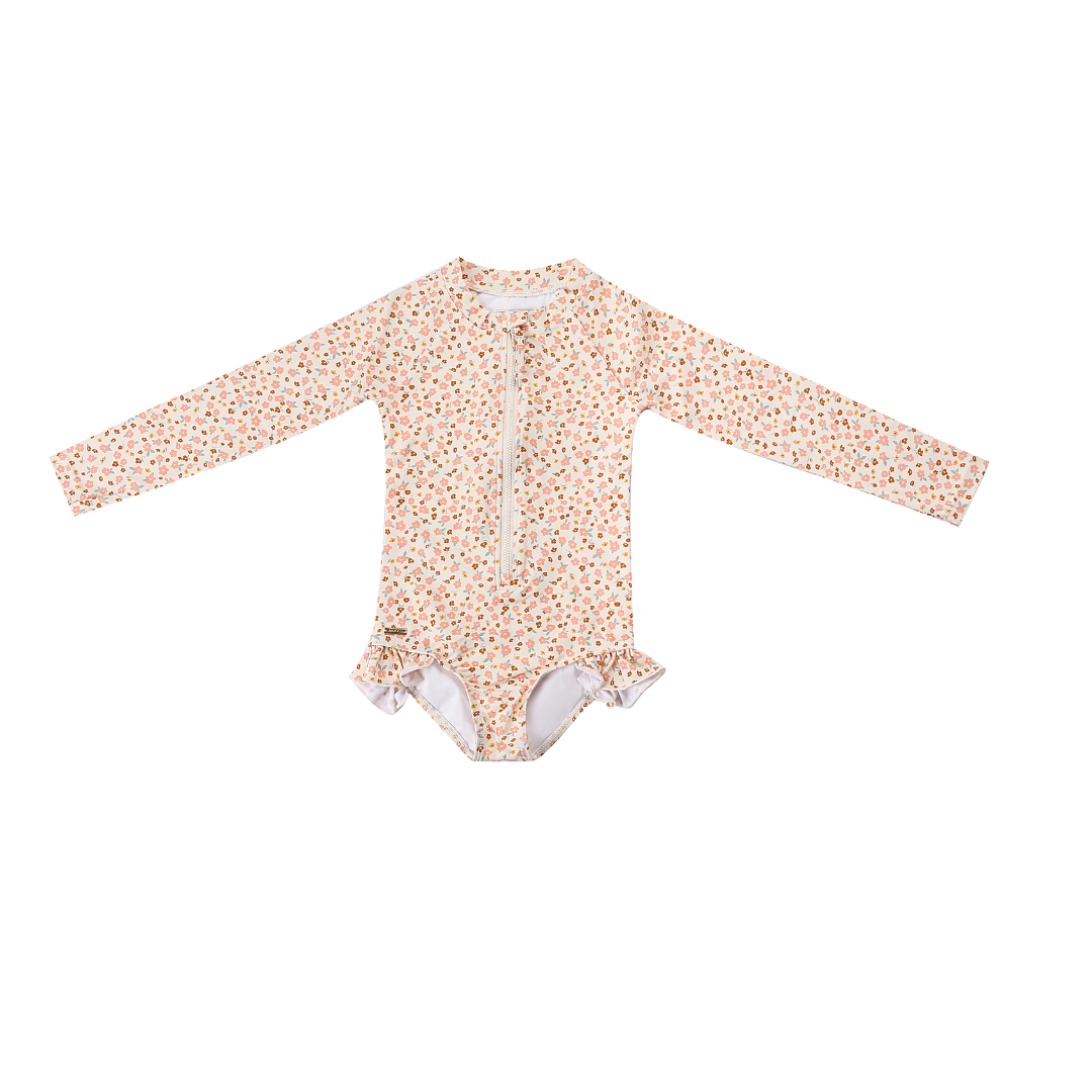 Long Sleeve Rashguard Ruffle Swimsuit | UPF + Recycled - Sunset Meadow