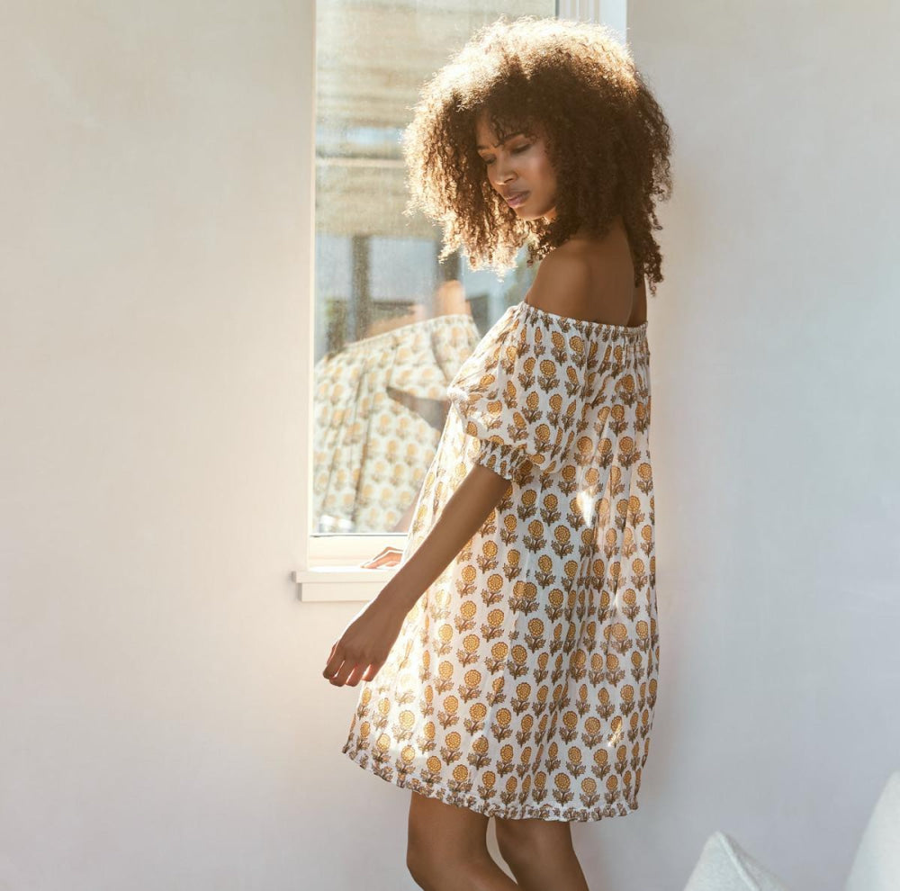 Sydney Puff Sleeve Mini Nightgown - Ochre/Dahlia Floral print - FINAL SALE