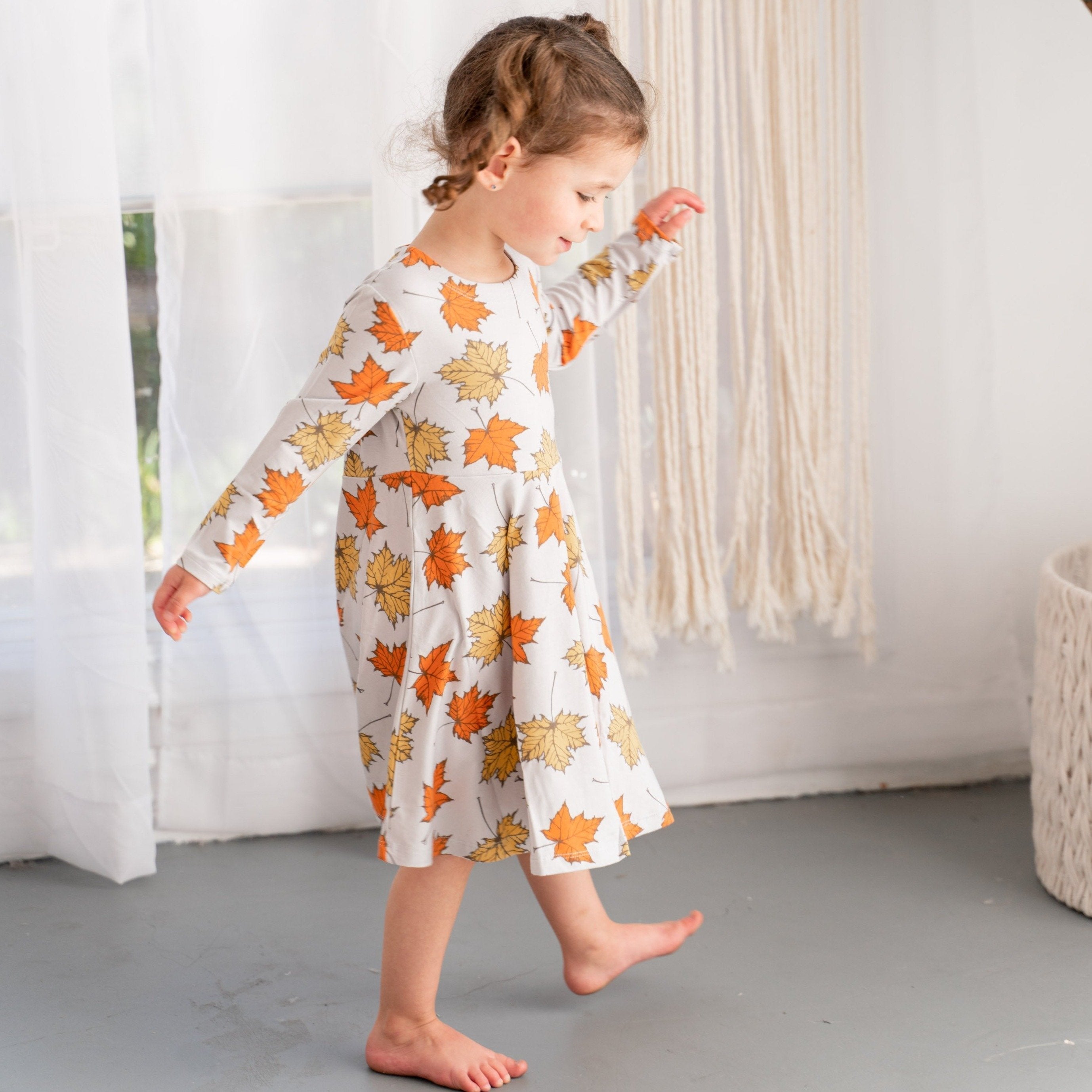 Swirly Girl Dress - Grey Leaves