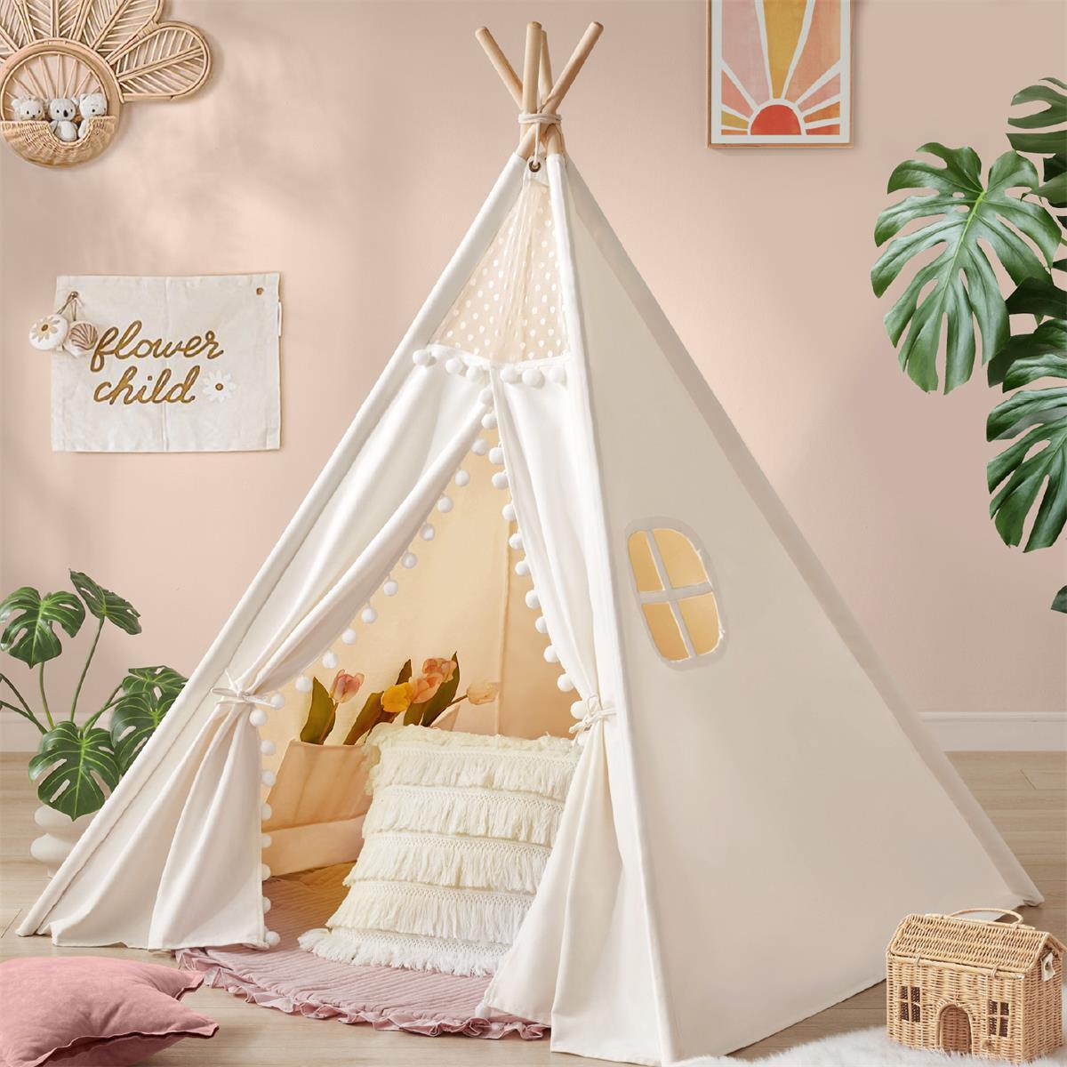 Tiny Land® Teepee Tent for Kids With Pompom Ball Play Tents & Tunnels Tiny Land   