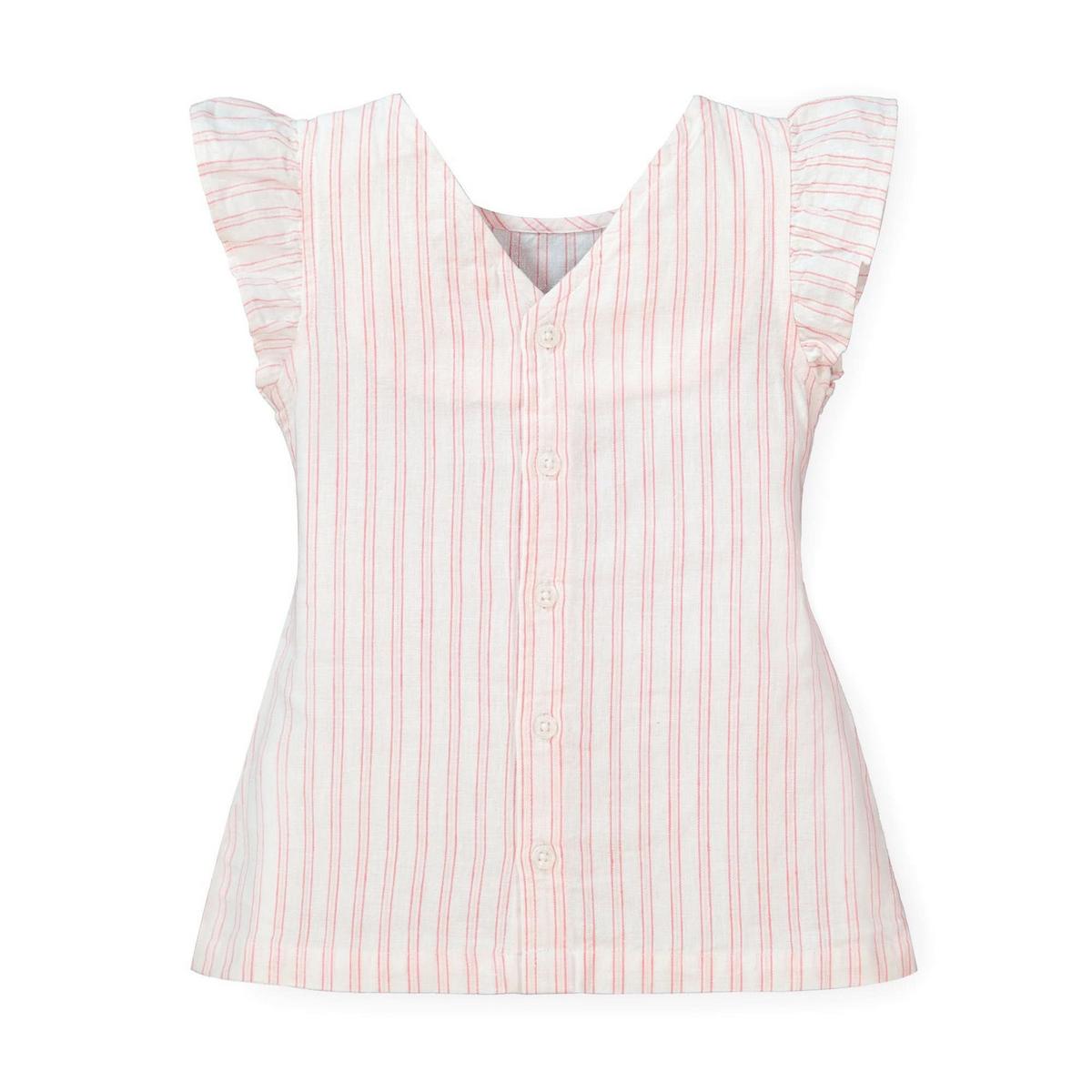 Flutter Sleeve Button Back Top - Soft Red Ticking Stripe