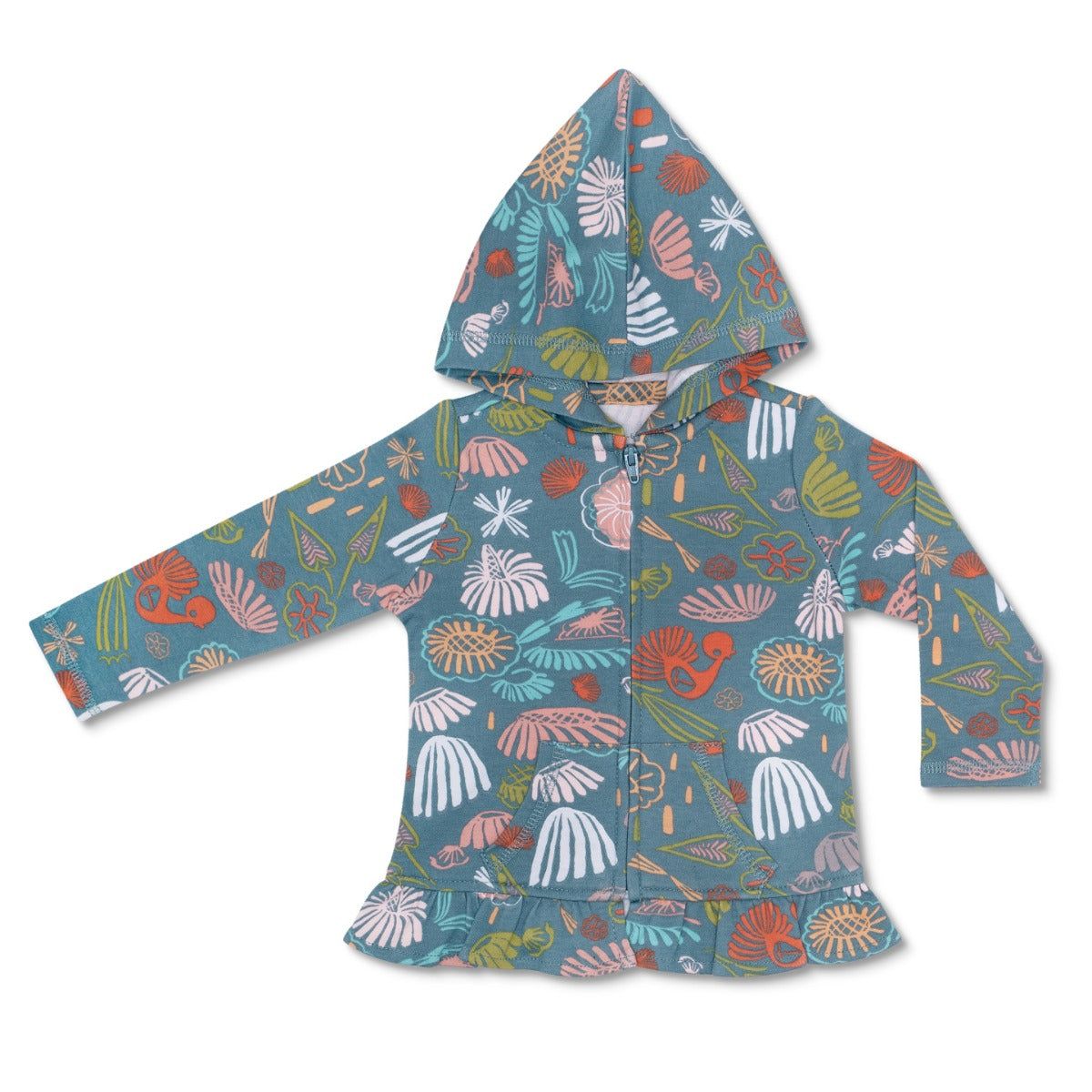 KEFE Ruffle Hoodie - Teal Flower Garden