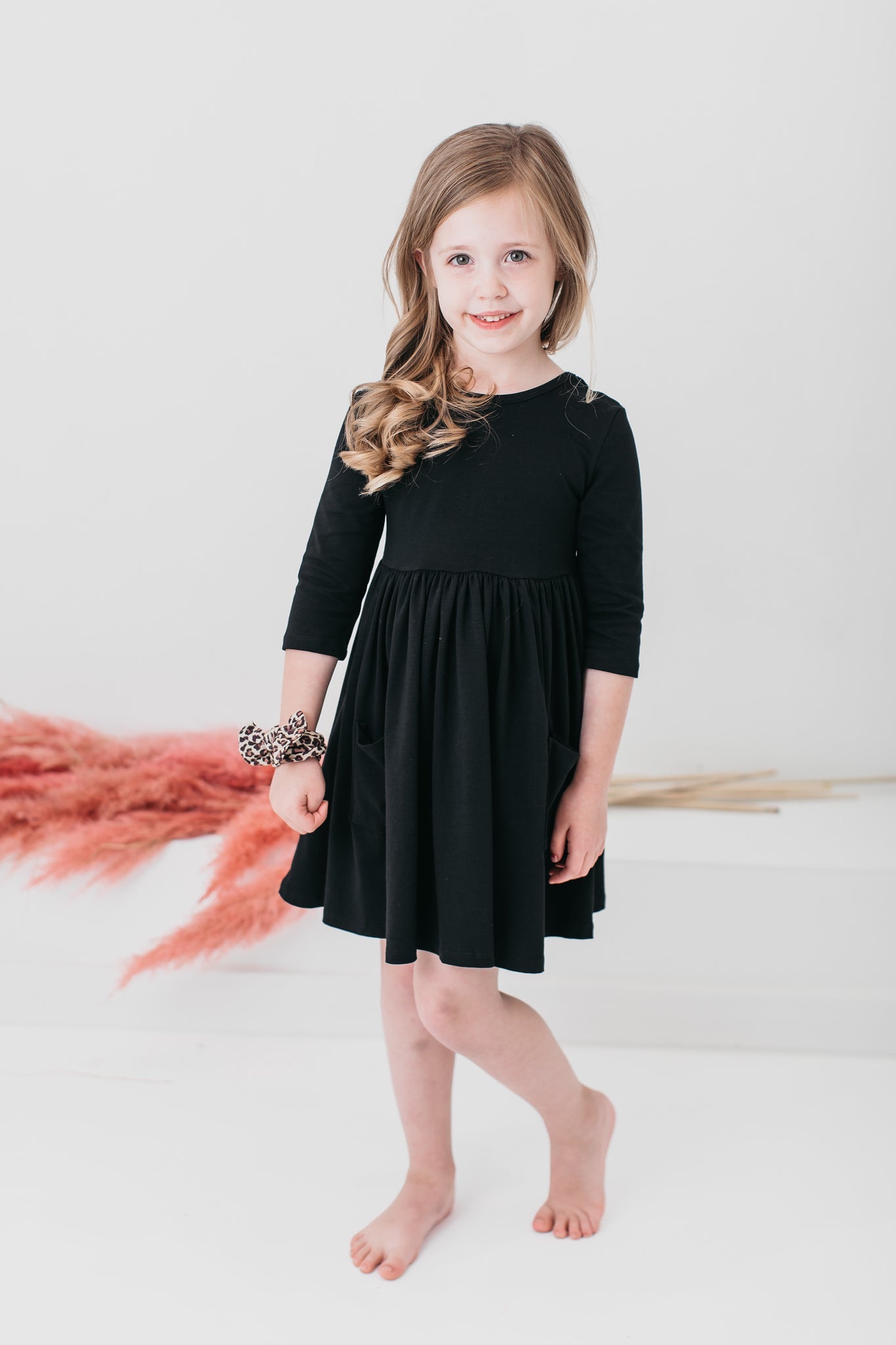 Black 3/4 Sleeve Pocket Twirl Dress