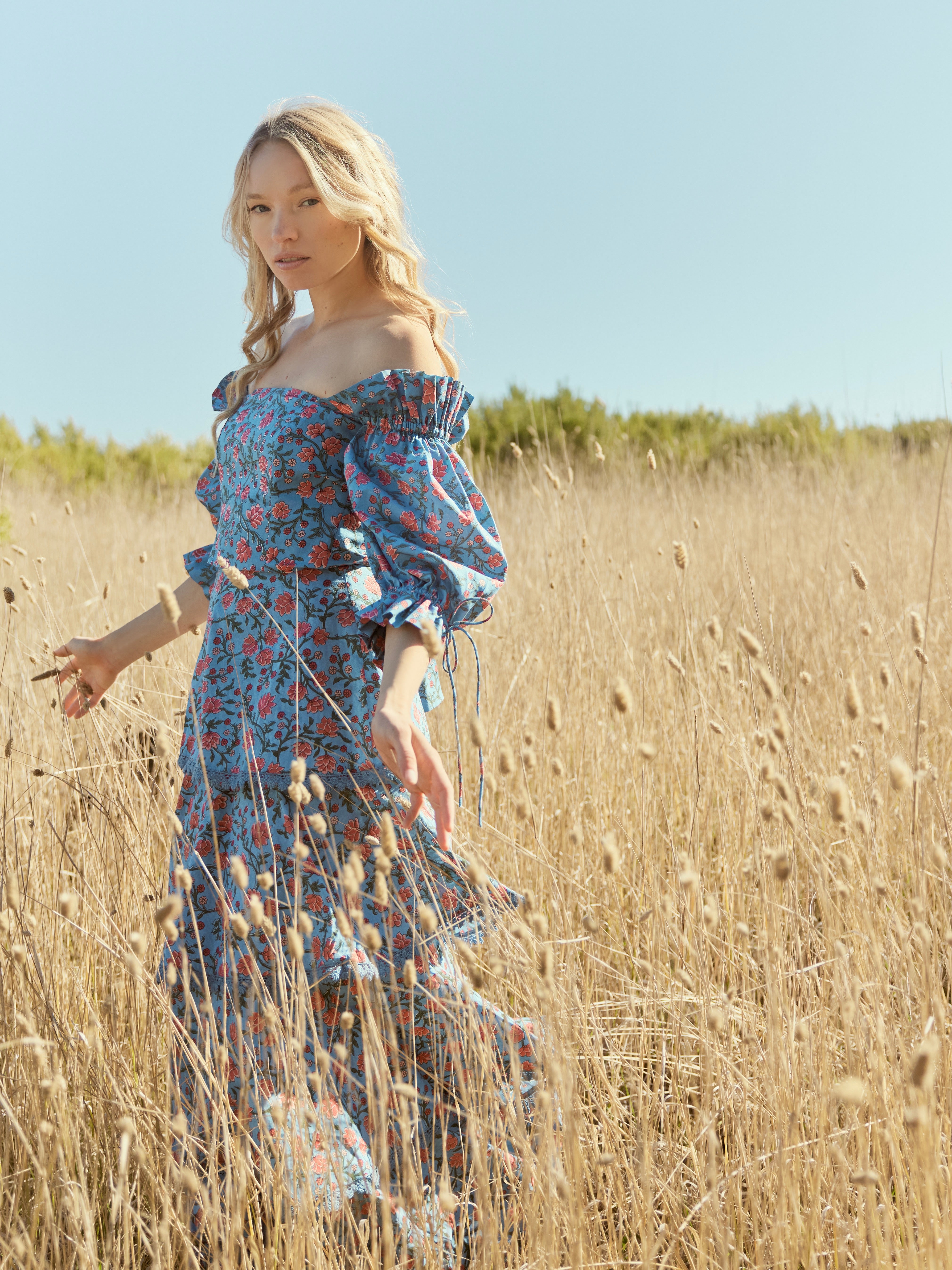 Casey Puff Sleeve Top - French Blue/Punch Bouquet