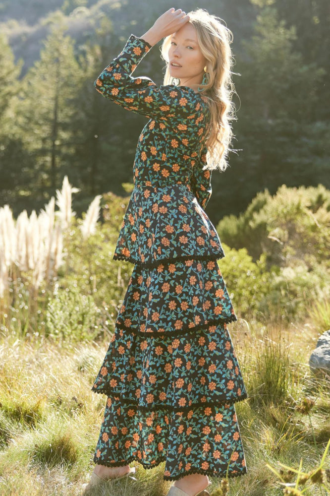 Victoria Embroidered Top - Faded Black/Bright Clementine & Moss Floral - FINAL SALE