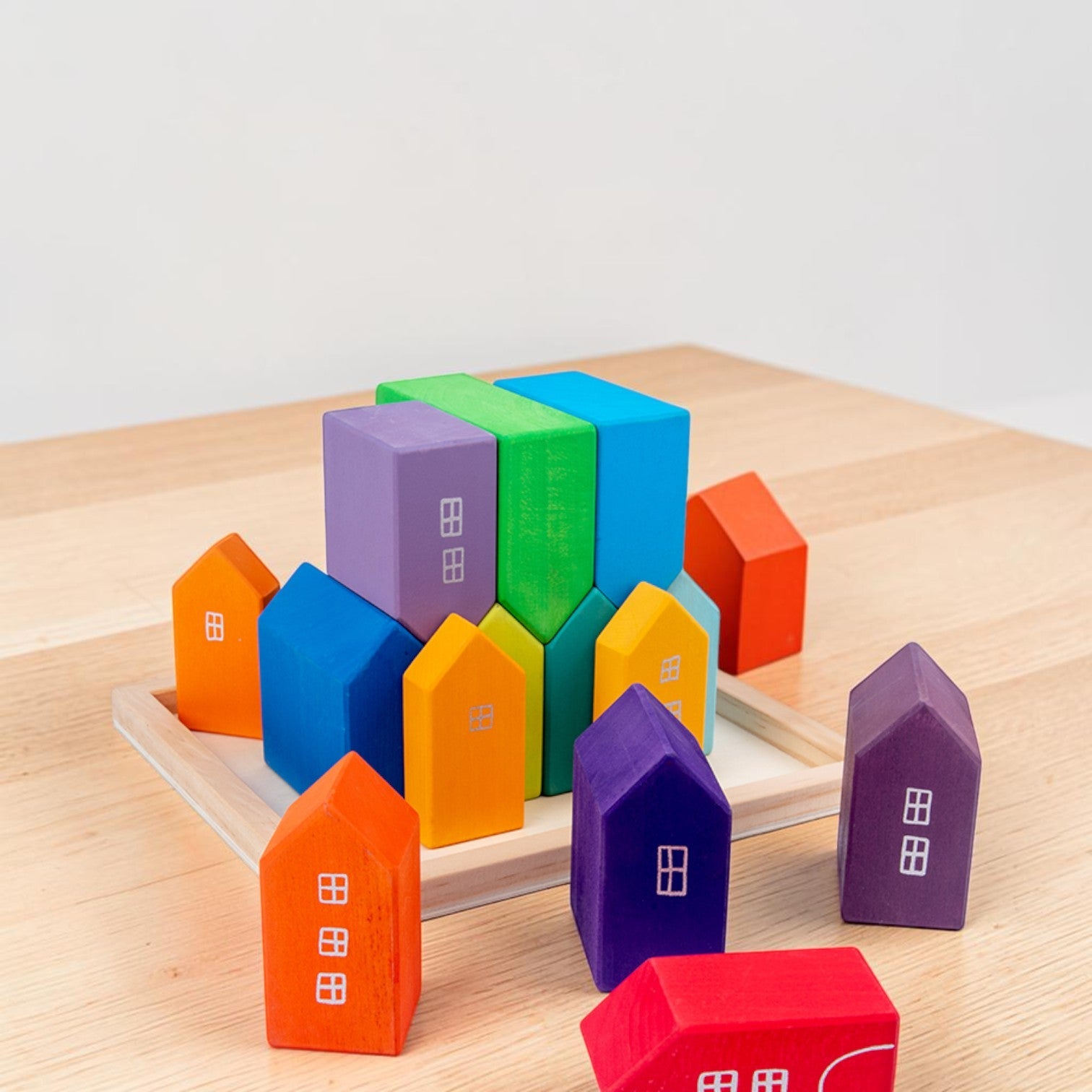**Pre-order (Ships in 2-3 Weeks)**15-Piece Stained Little Village Wooden House Building Blocks Set