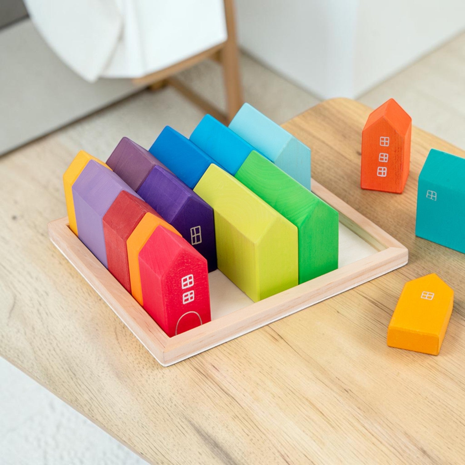 **Pre-order (Ships in 2-3 Weeks)**15-Piece Stained Little Village Wooden House Building Blocks Set