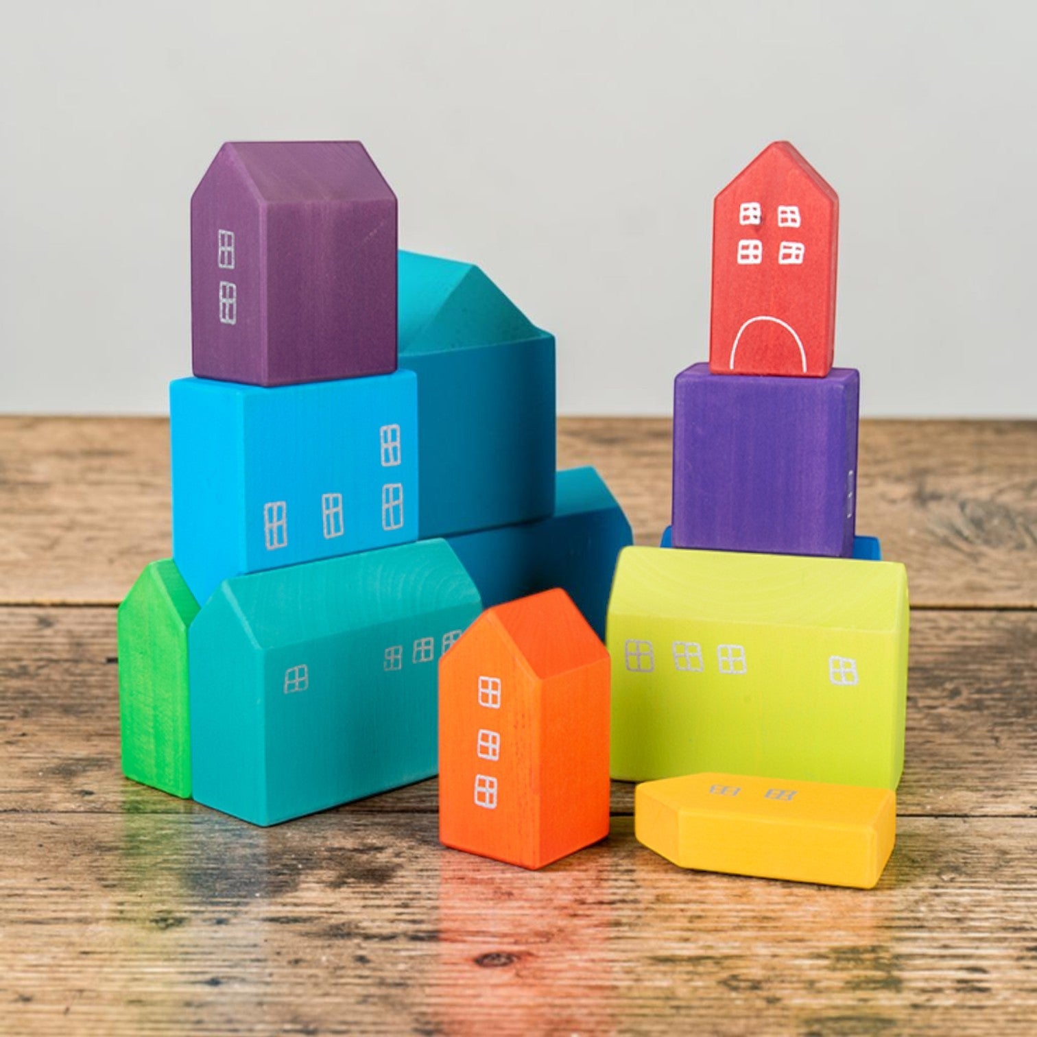 **Pre-order (Ships in 2-3 Weeks)**15-Piece Stained Little Village Wooden House Building Blocks Set