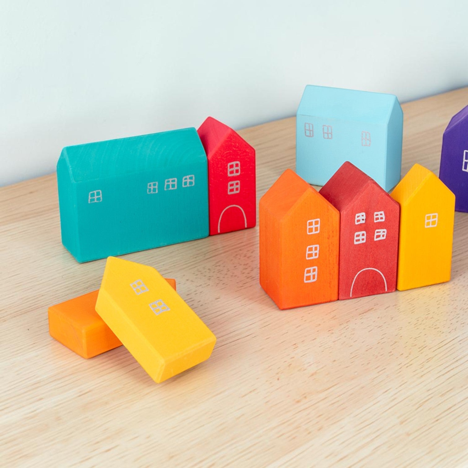 **Pre-order (Ships in 2-3 Weeks)**15-Piece Stained Little Village Wooden House Building Blocks Set