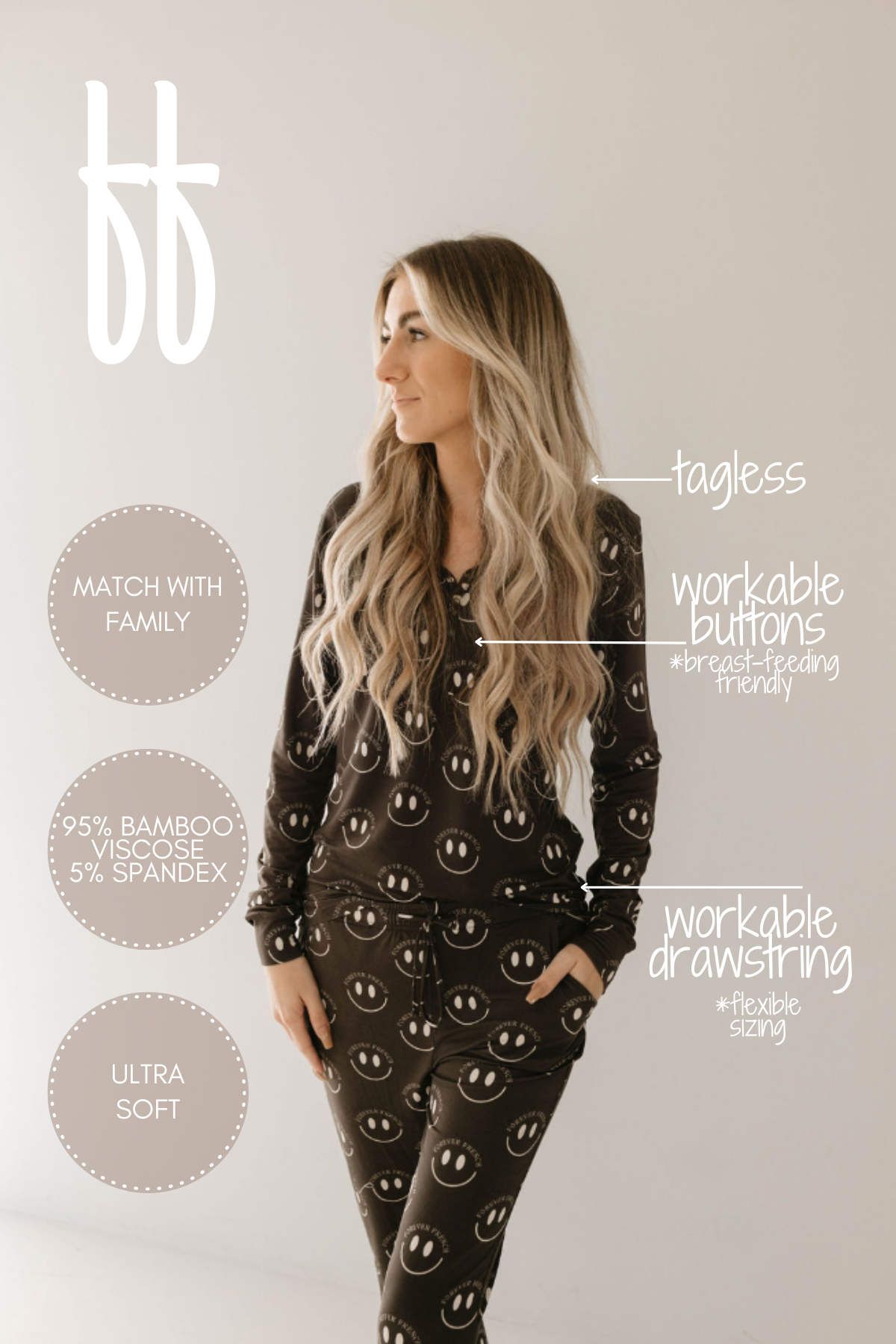 Women's Long Sleeve Bamboo Pajama | Charcoal & White ff Smile