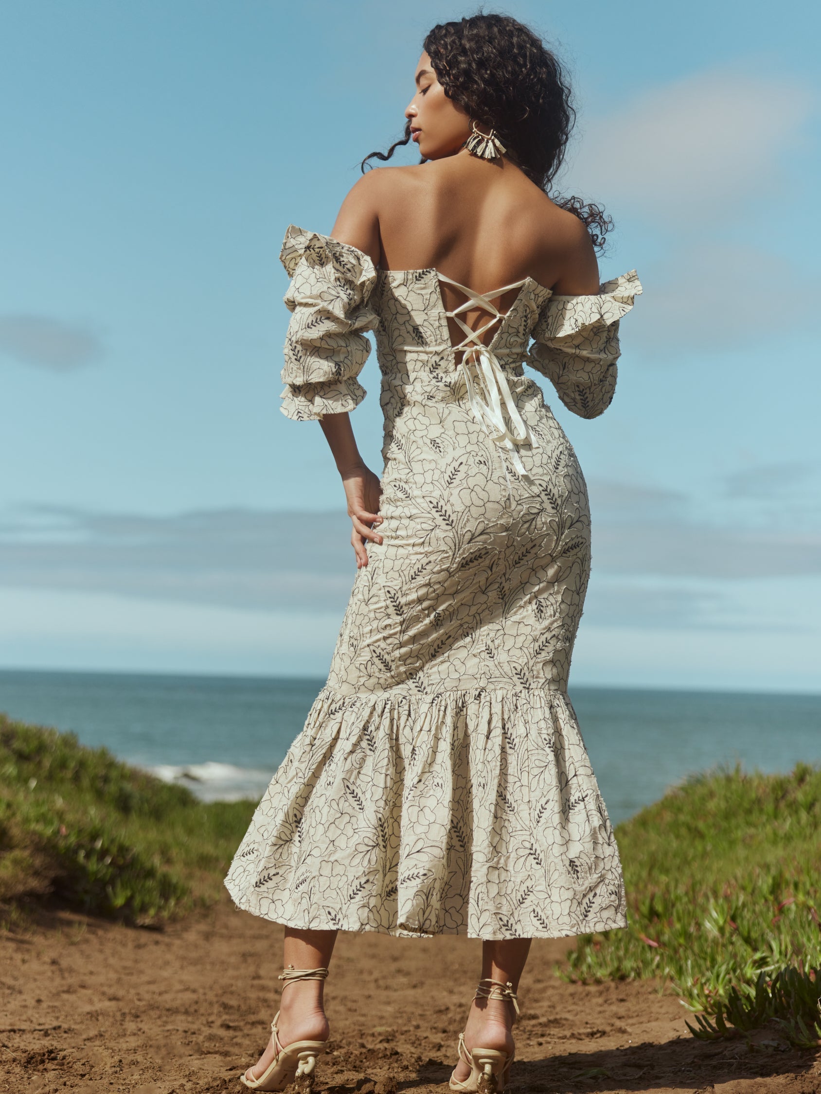 Maggie Embroidered Puff Sleeve Dress - Sand/Moonless Night Floral Outline Embroidery