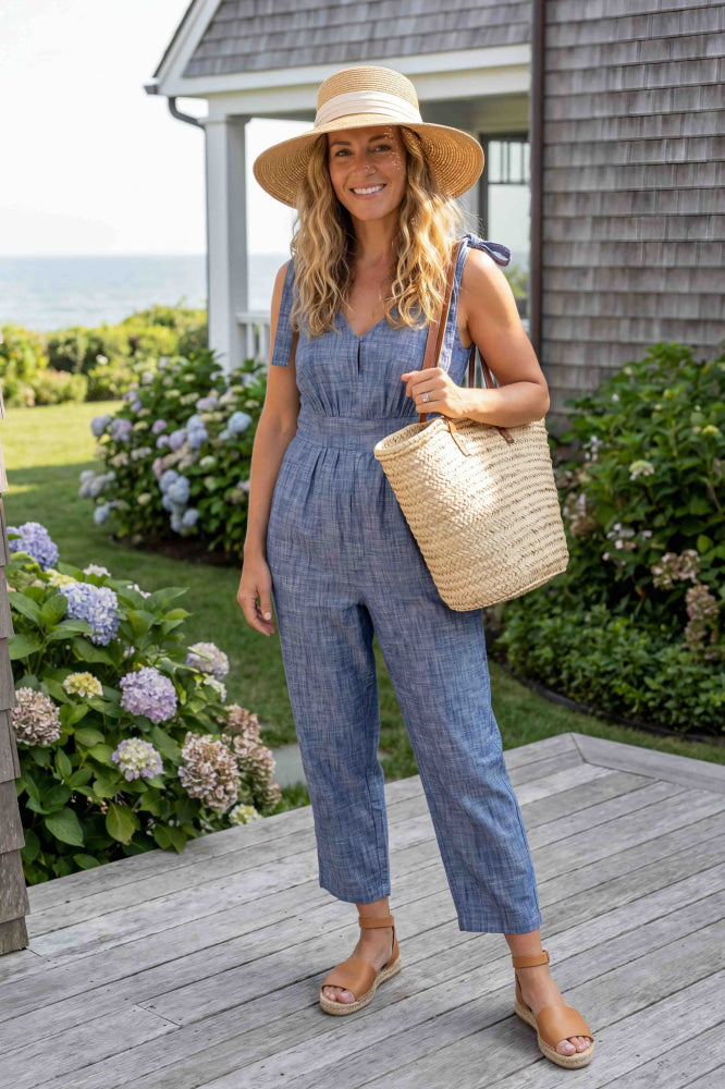 Women's Bow Shoulder Organic Jumpsuit - Blue Chambray