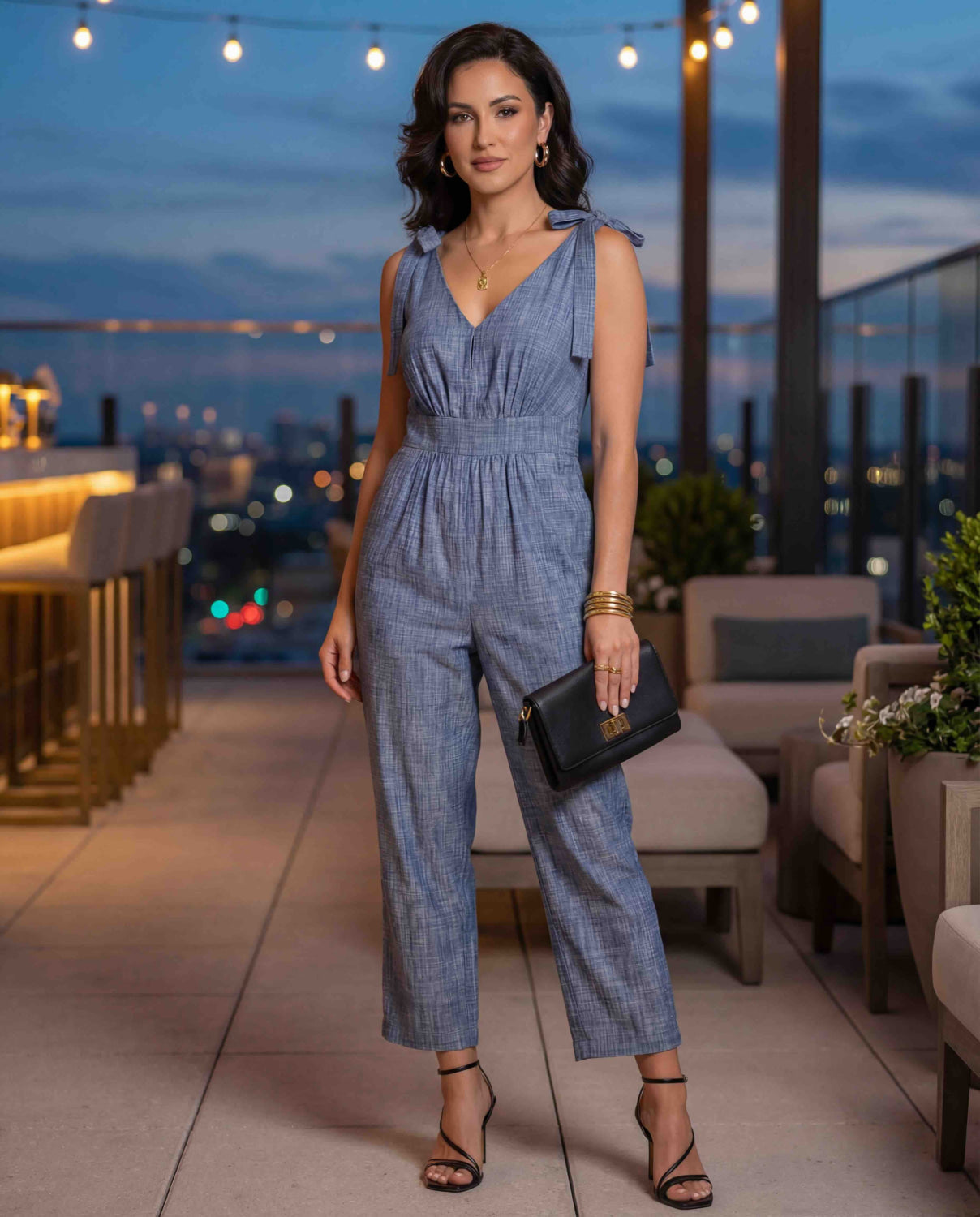 Women's Bow Shoulder Organic Jumpsuit - Blue Chambray - FINAL SALE