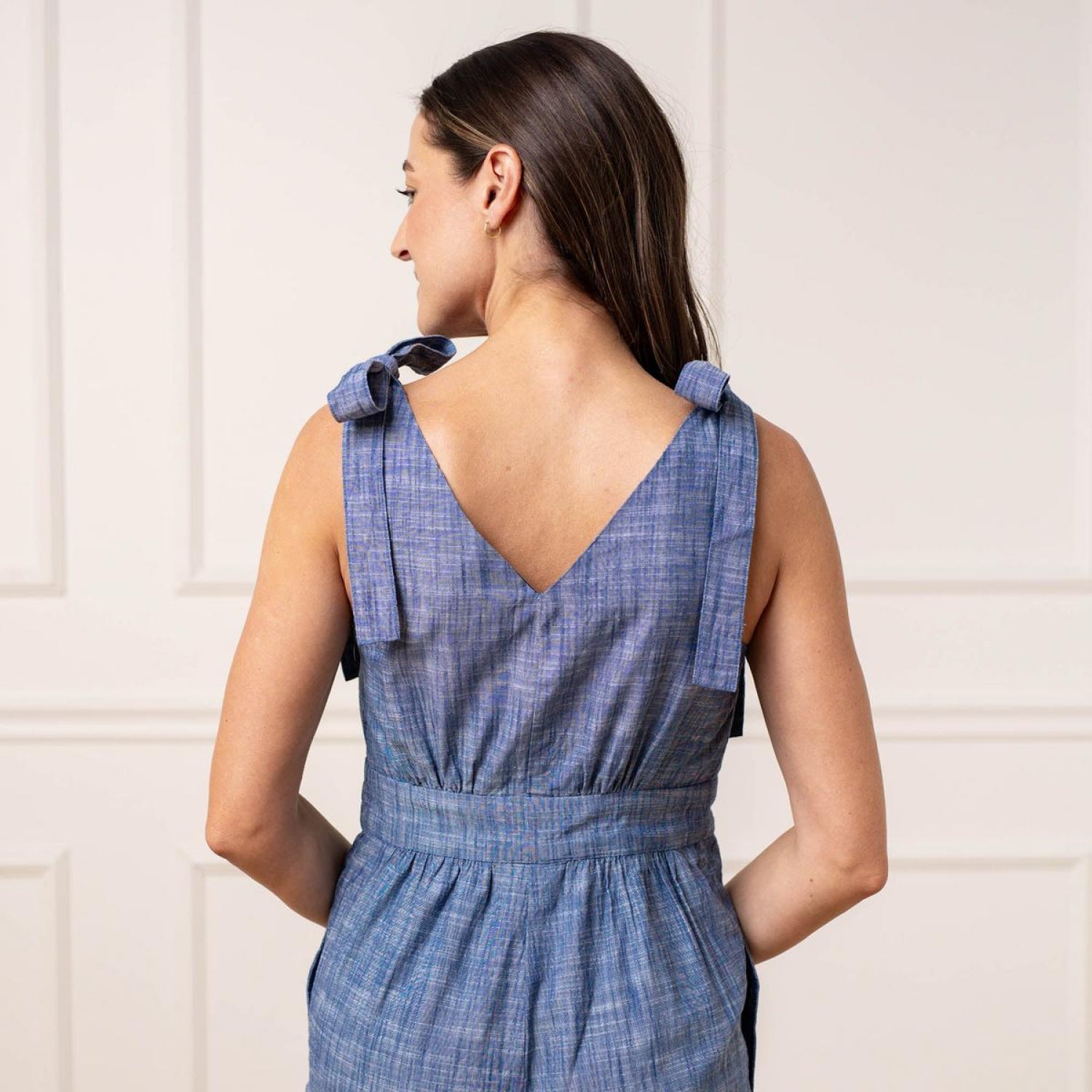 Women's Bow Shoulder Organic Jumpsuit - Blue Chambray - FINAL SALE