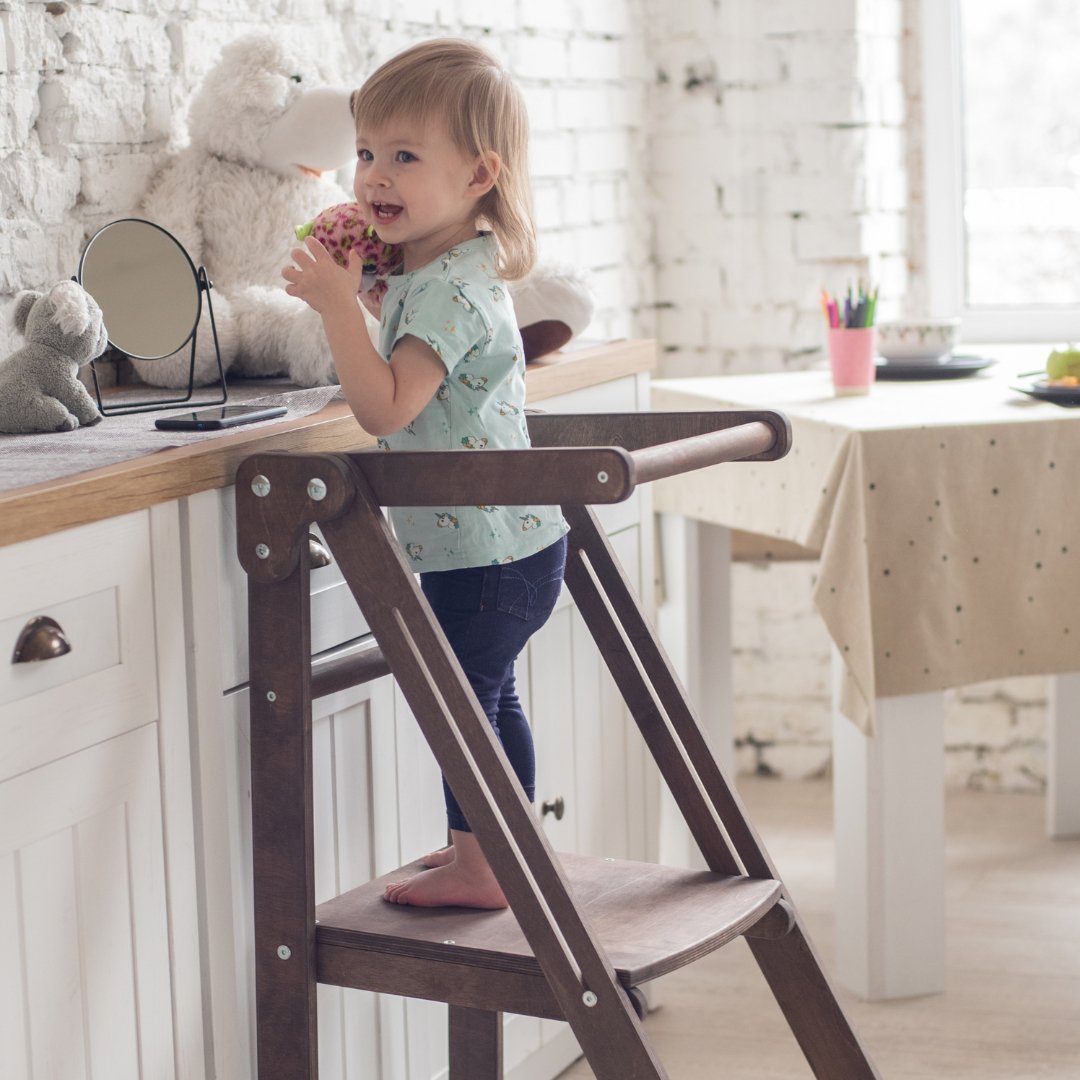 Wooden Step Stool for Preschool - Kid Chair That Grows - Chocolate Kitchen Helper Tower Goodevas   