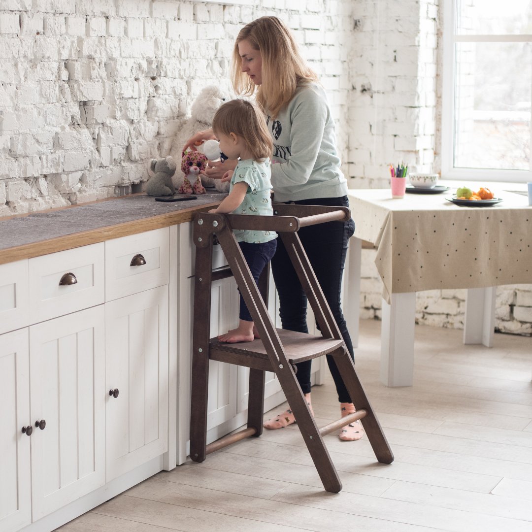 Wooden Step Stool for Preschool - Kid Chair That Grows - Chocolate Kitchen Helper Tower Goodevas   