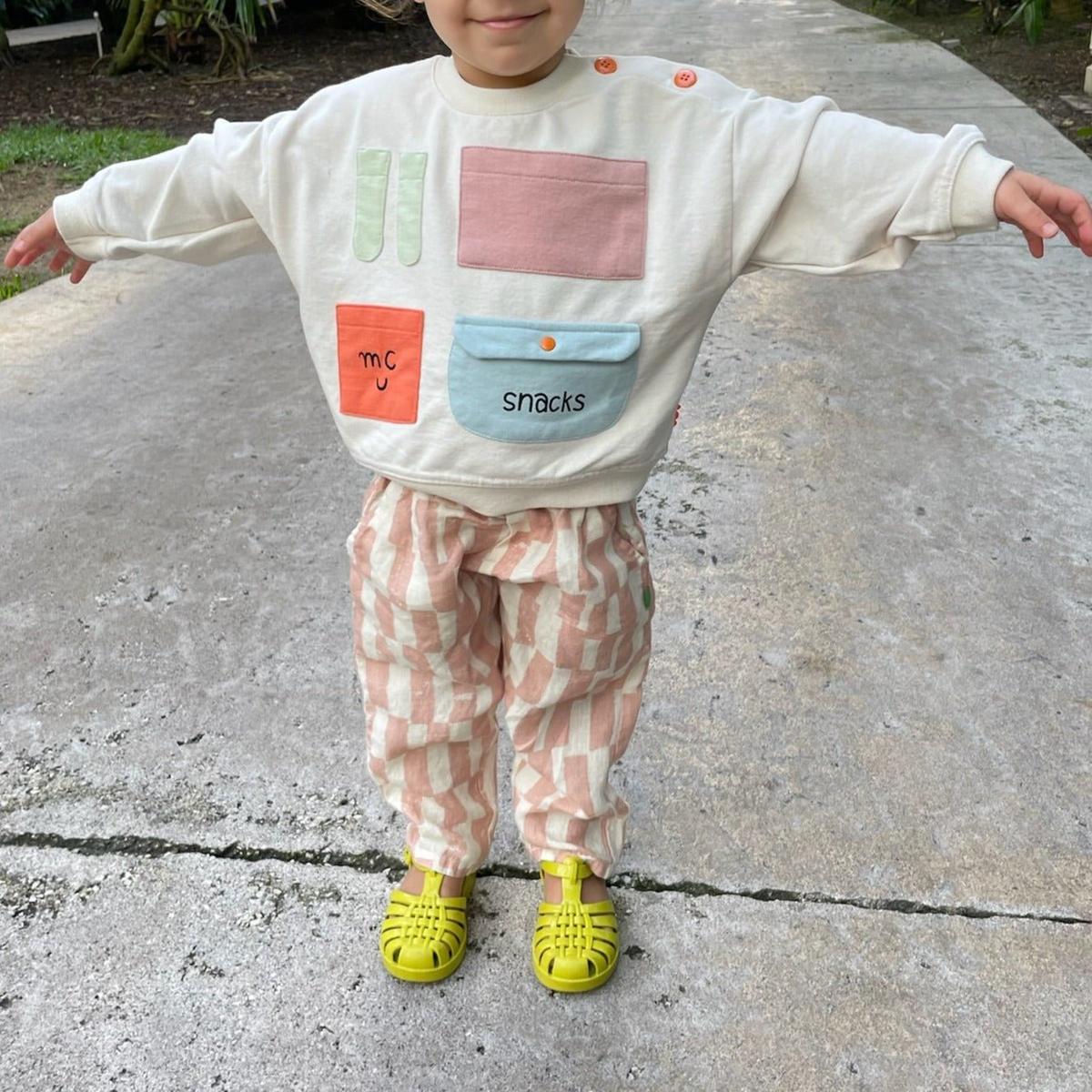 Checkered Linen Kid Pants - Natural/misty Rose