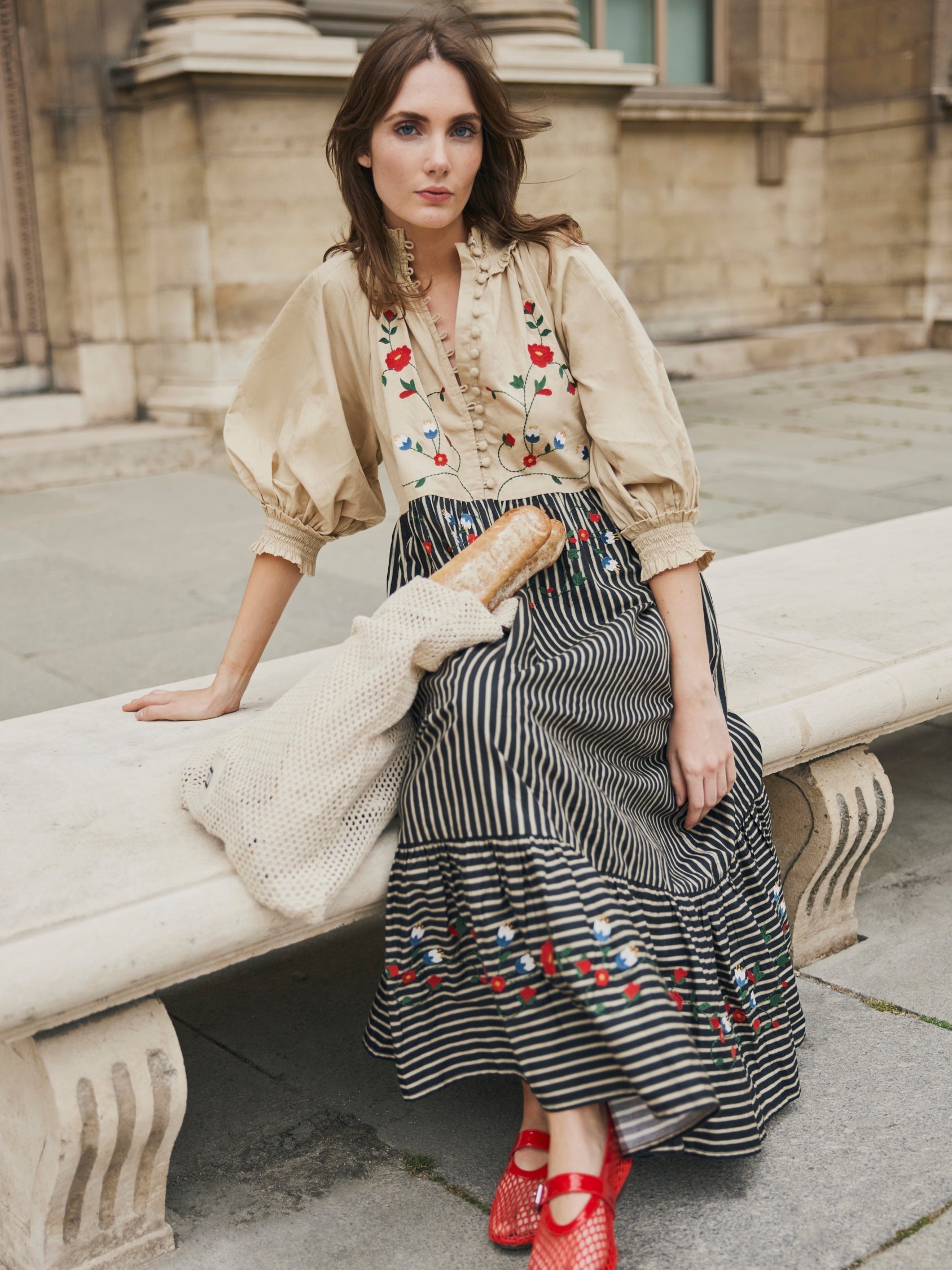 Eliza Embroidered Maxi Dress - Black & Khaki Stripe