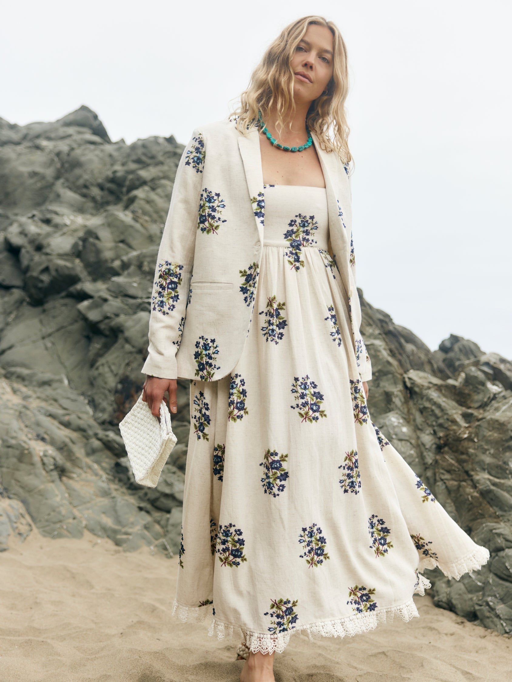 Amber Blazer - Oatmeal Bluesy Beaded Floral