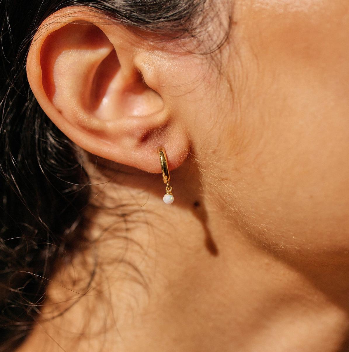 Opal 11mm Huggie Drop Hoop Earrings - White Opal
