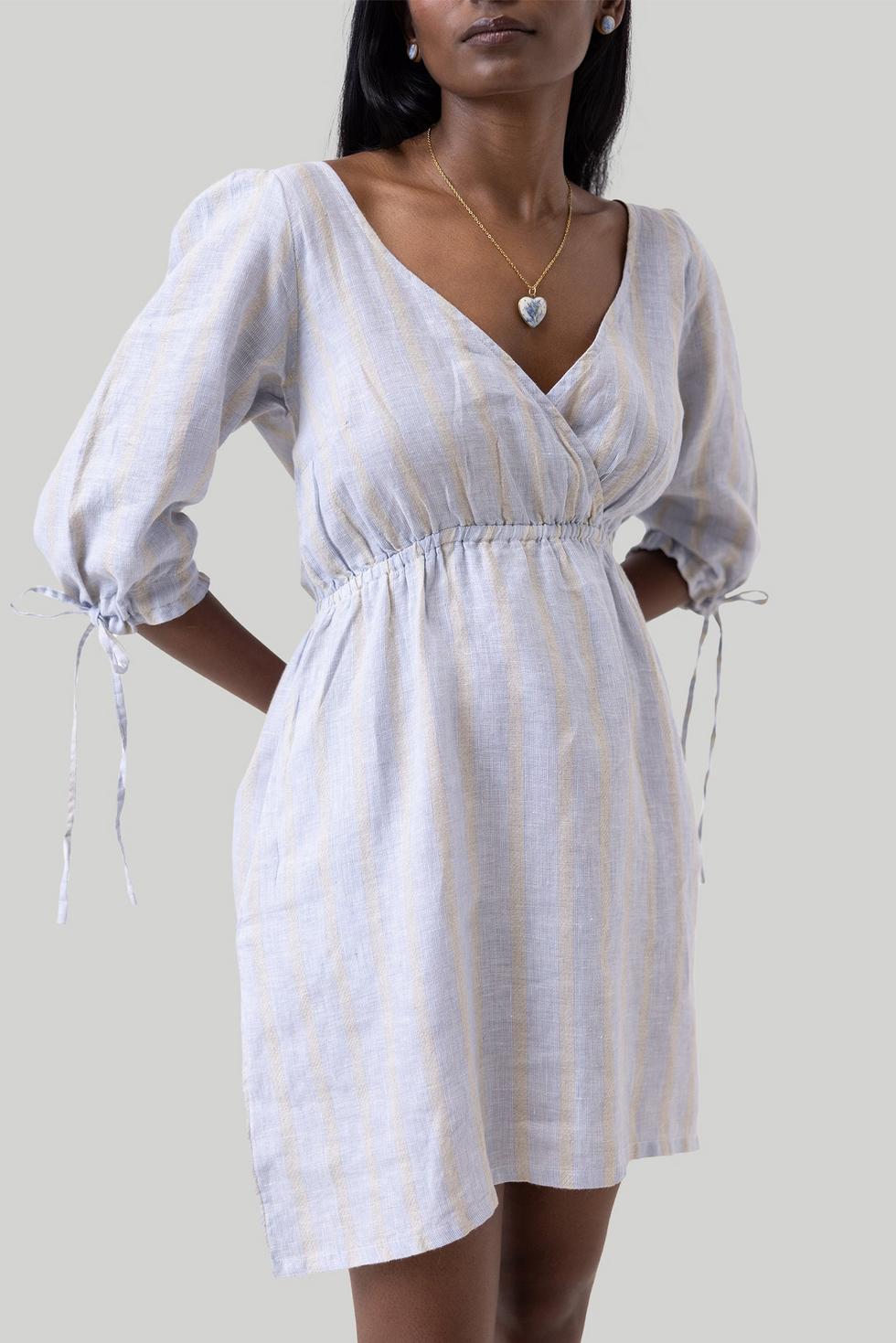 Gathered Elbow Sleeve Short Dress - Textured Stripes