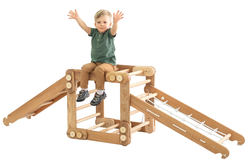 3in1 Montessori Climbing Set: Snake Ladder + Slide Board/Ramp + Net – Chocolate