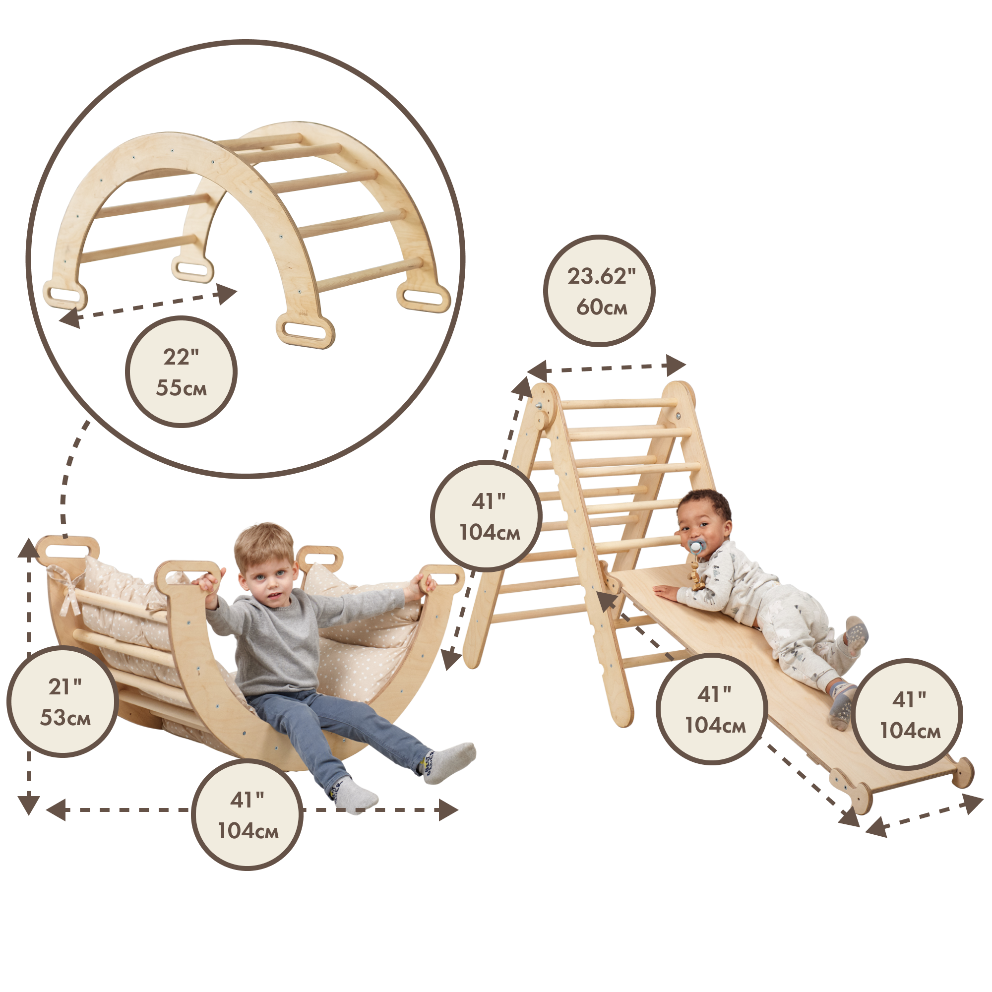 3in1 Montessori Climbing Set: Triangle Ladder + Wooden Arch + Slide Board – Beige NEW 3in1 Playsets Goodevas   