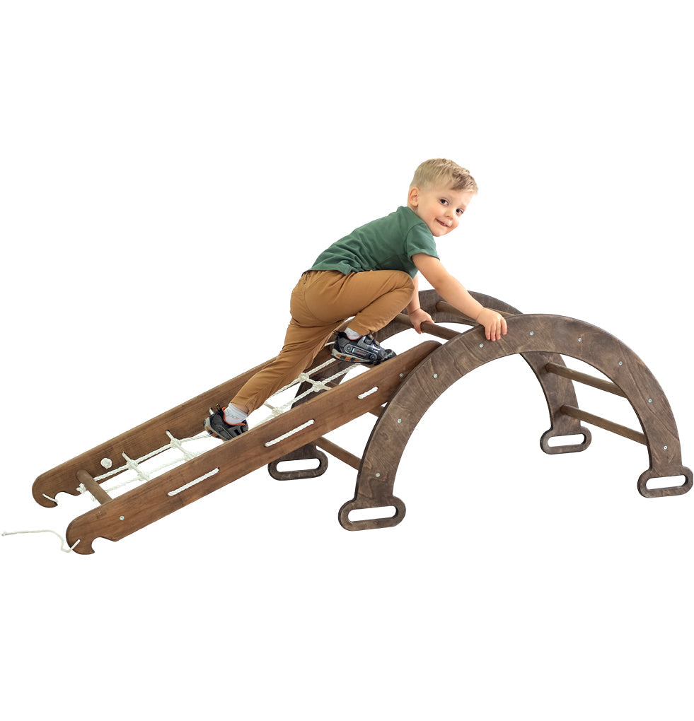 2in1 Montessori Climbing Frame Set: Arch/Rocker Balance + Net – Chocolate 2in1 Playsets Goodevas Chocolate  