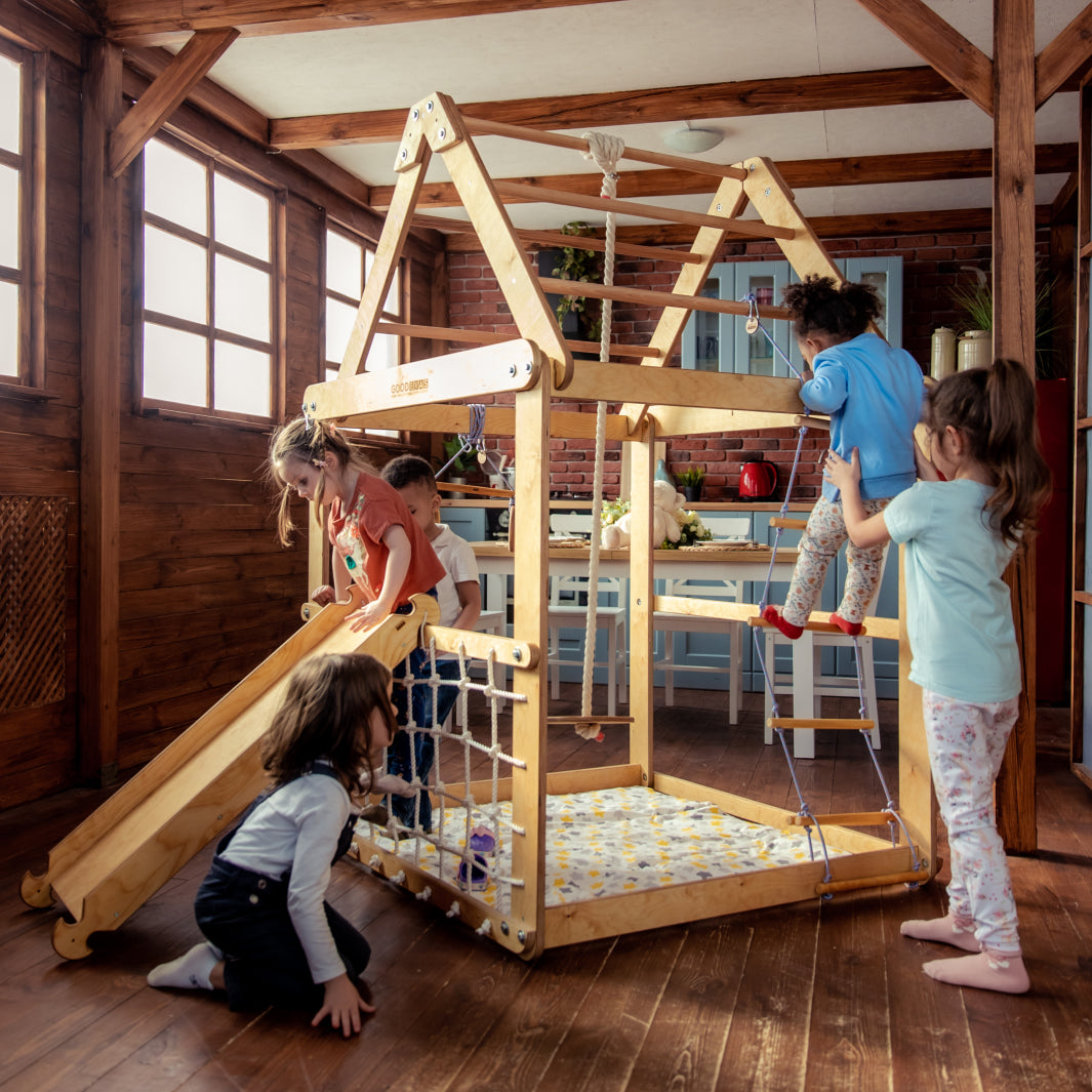 Indoor Wooden Playhouse with Triangle ladder, Slide Board and Swings Playhouses Goodevas   