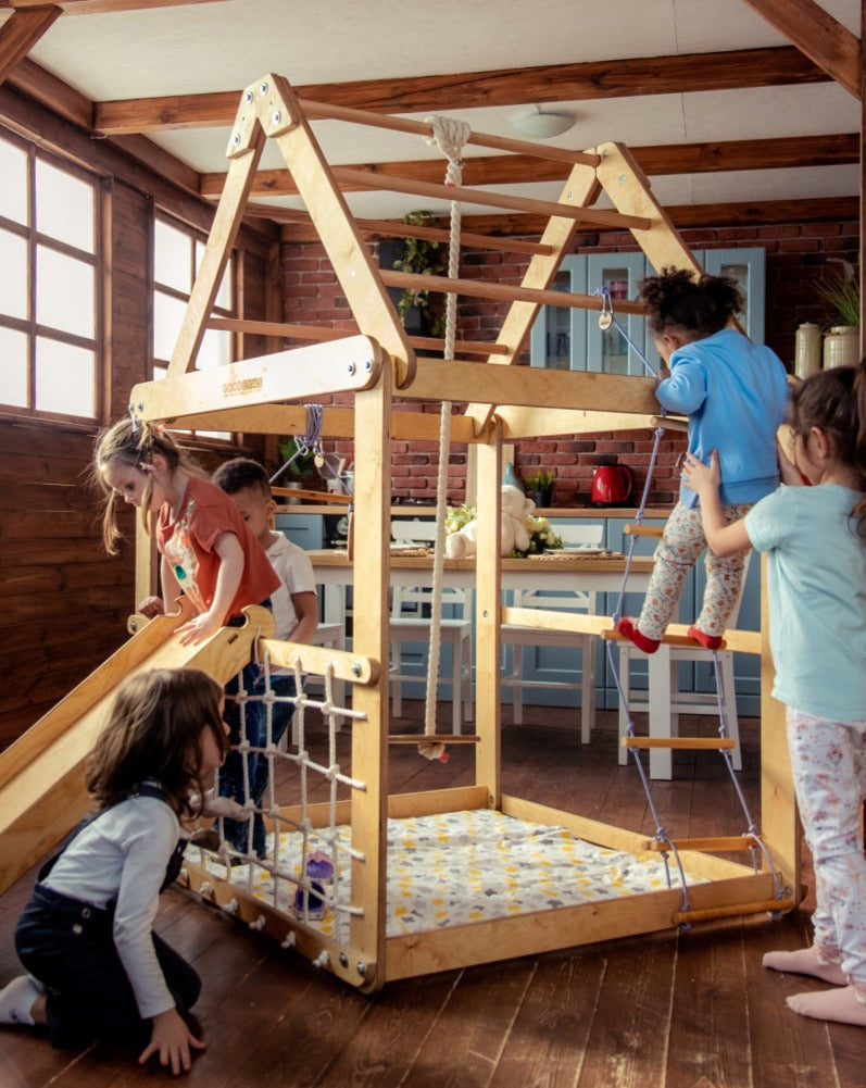 Indoor Wooden Playhouse with Triangle ladder, Slide Board and Swings Playhouses Goodevas   