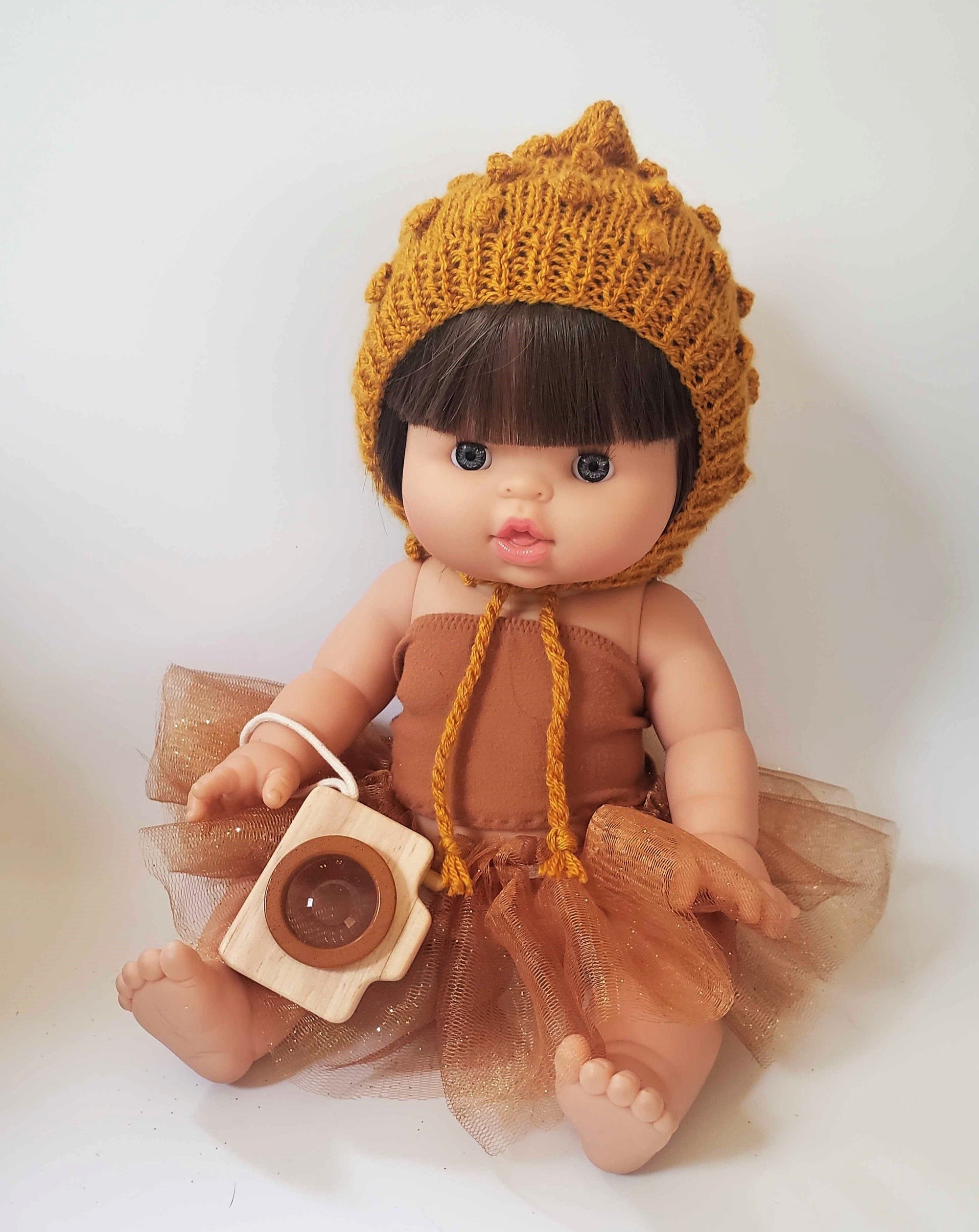 Pixie Bobble Bonnet for Baby Dolls - Mustard Doll Clothing Minikane   