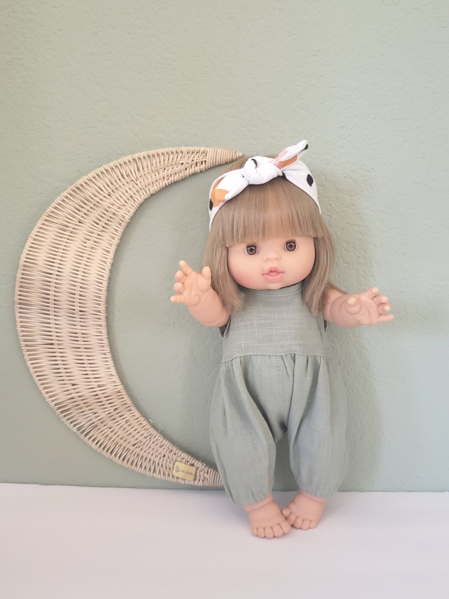 Noa Linen Romper Almond green Doll Clothing Minikane   