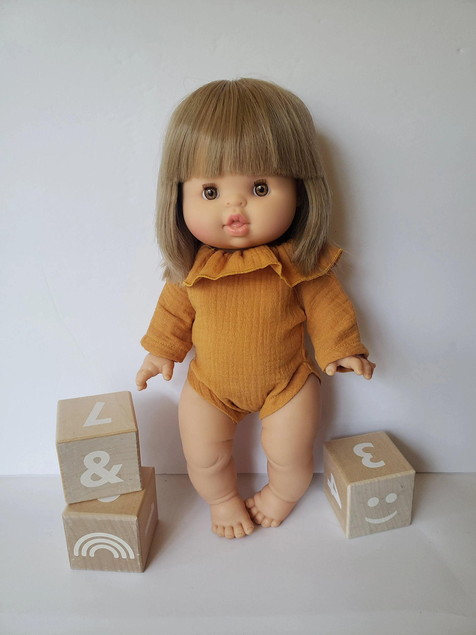 Ruffle Long Sleeve Romper Doll Clothing Little Wonder & Co. Mustard  