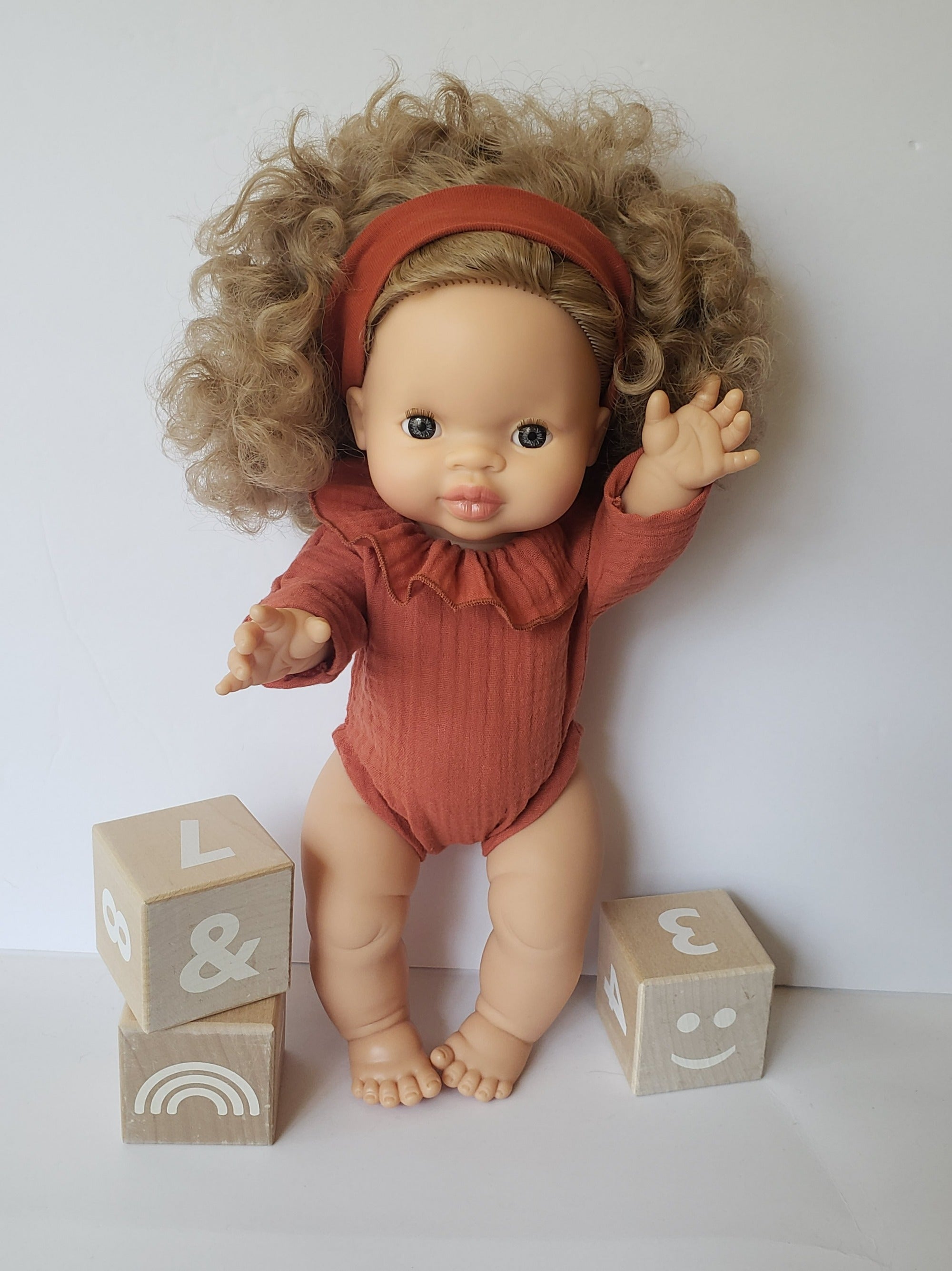 Ruffle Long Sleeve Romper Doll Clothing Little Wonder & Co. Brick  