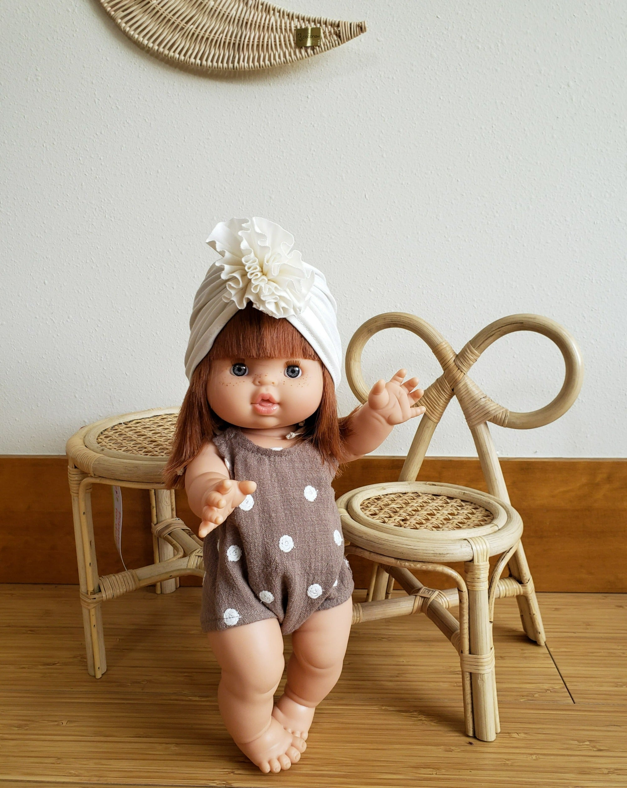 Minikane Barboteuse Set in Taupe Cotton and Flower Turban Doll Clothing Minikane   