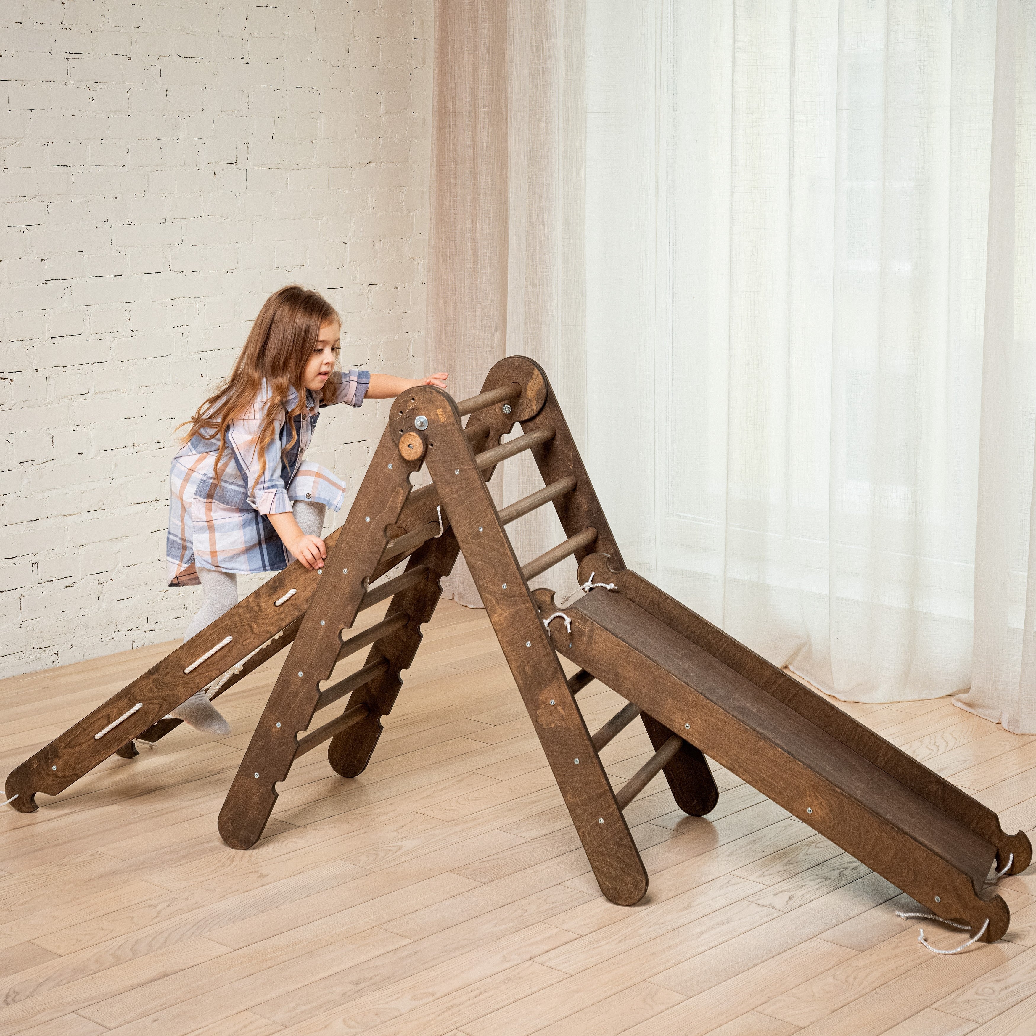 3in1 Montessori Climbing Frame Set: Triangle Ladder + Slide Board/Ramp + Net – Chocolate 3in1 Playsets Goodevas   