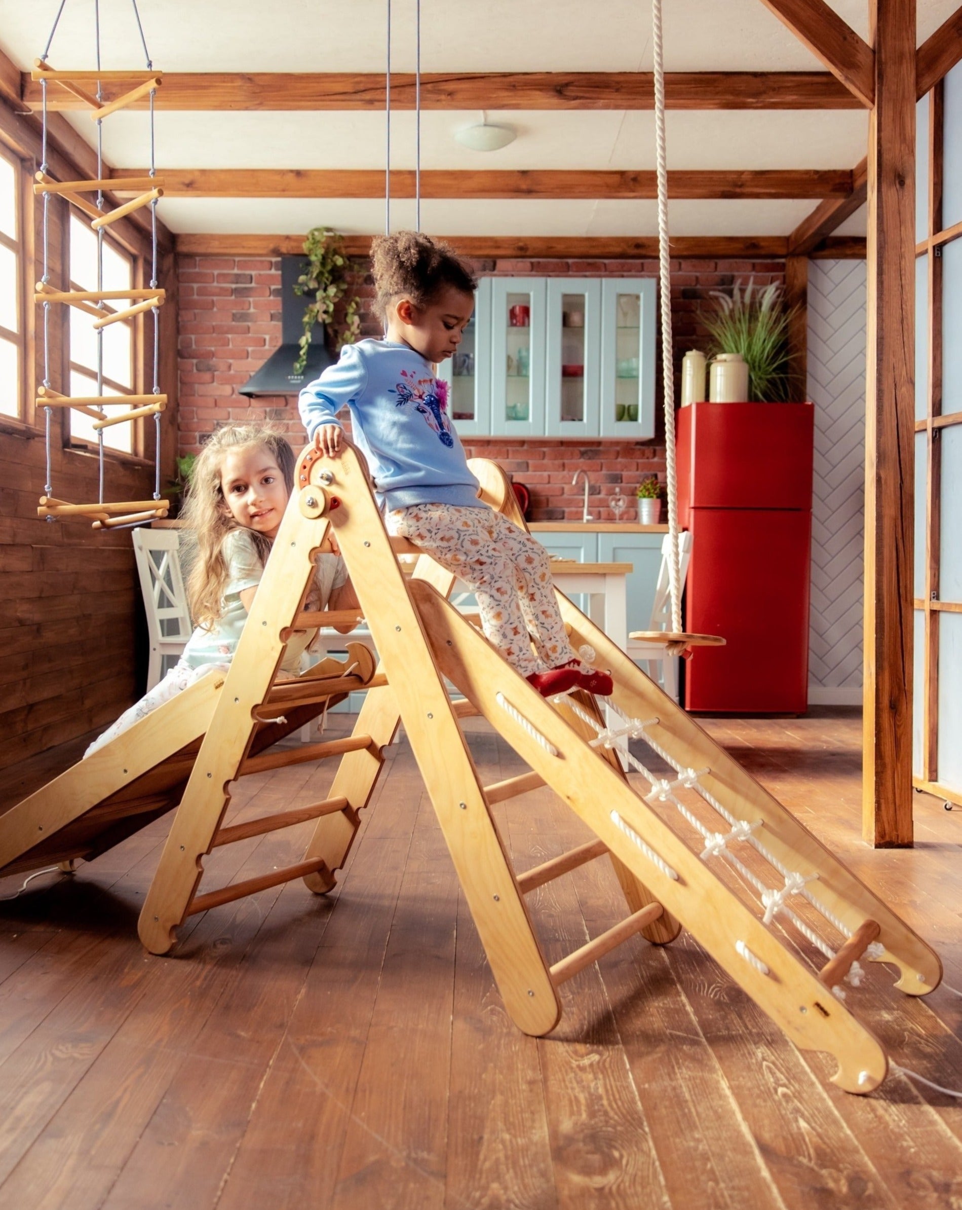 3in1 Montessori Climbing Frame Set: Triangle Ladder + Net + Slide Board/Ramp - Beige 3in1 Playsets Goodevas   