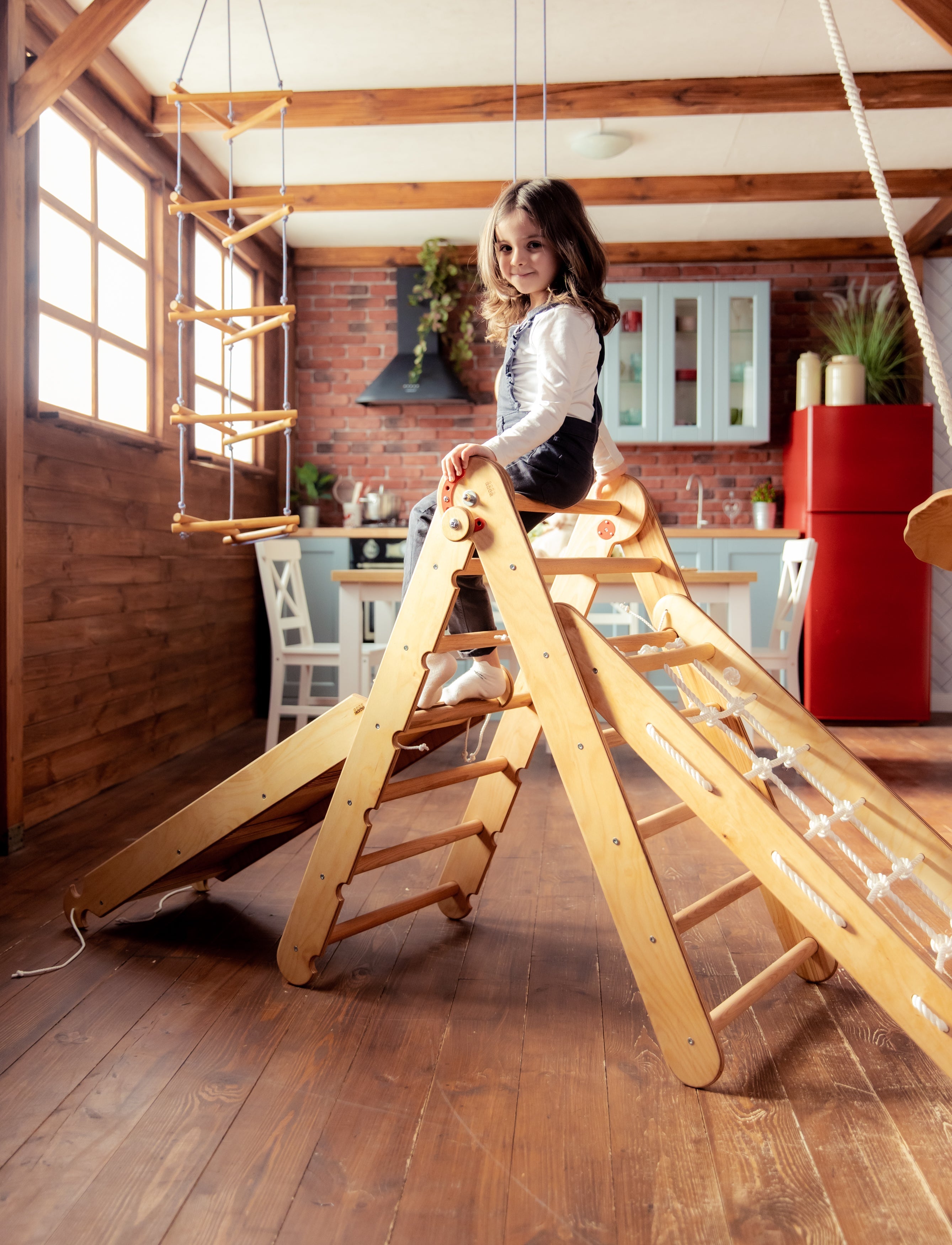 3in1 Montessori Climbing Frame Set: Triangle Ladder + Net + Slide Board/Ramp - Beige 3in1 Playsets Goodevas   