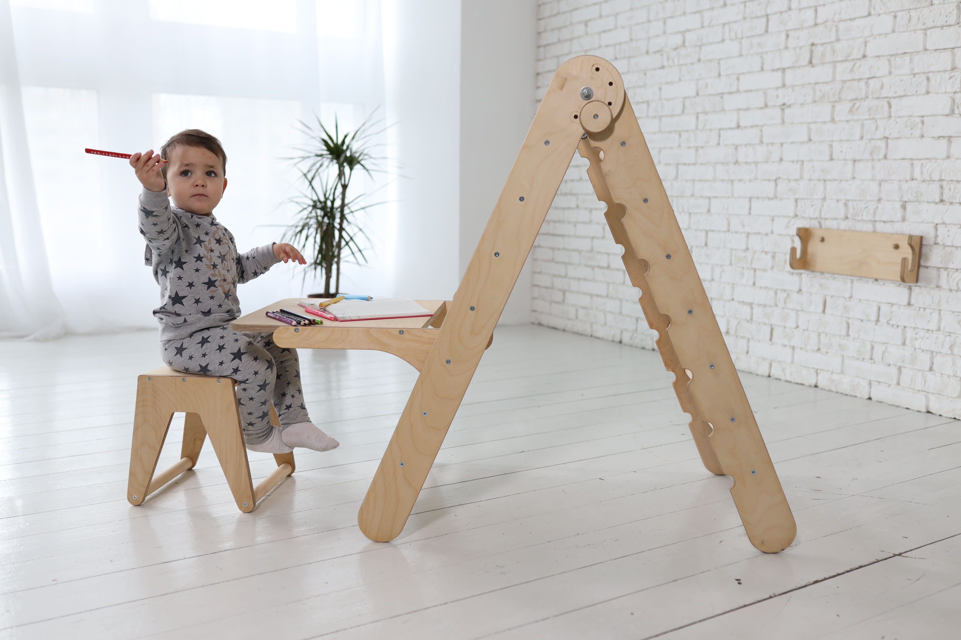 Triangle Ladder with Art Addition – Montessori Climber for Toddlers  – Beige  Goodevas   