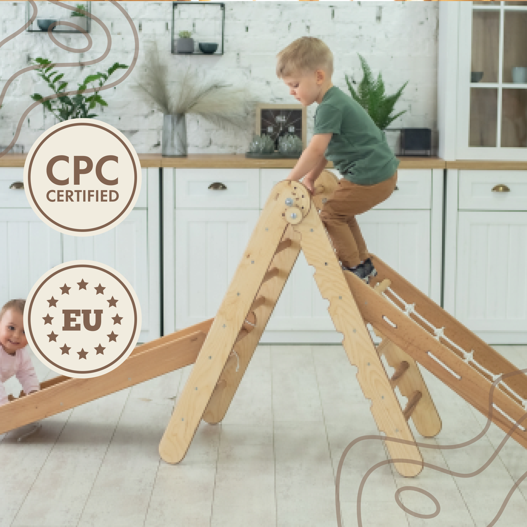 3in1 Montessori Climbing Frame Set: Triangle Ladder + Net + Slide Board/Ramp - Beige 3in1 Playsets Goodevas   