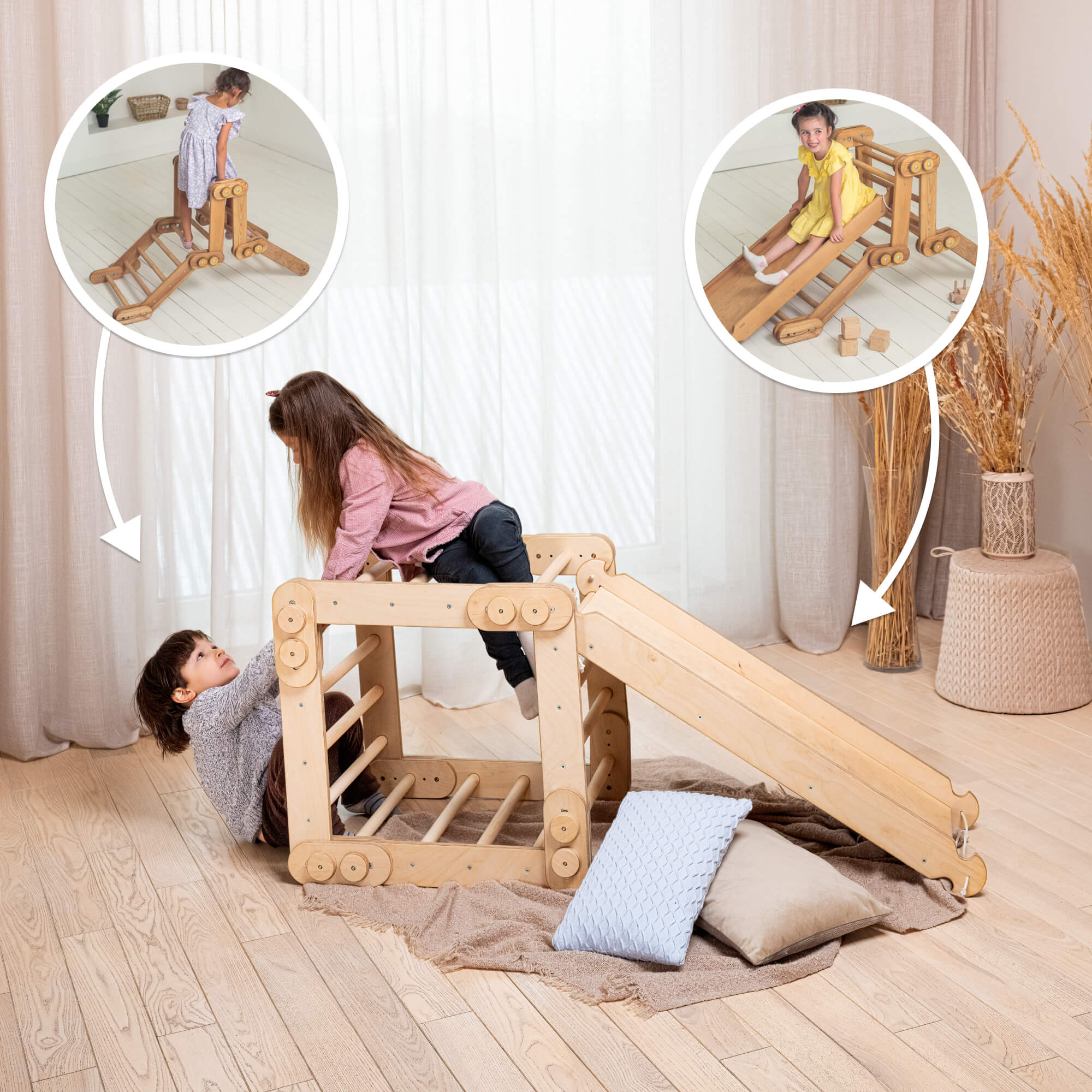 2in1 Montessori Climbing Set: Snake Ladder + Slide Board/Climbing Ramp – Beige 2in1 Playsets Goodevas   