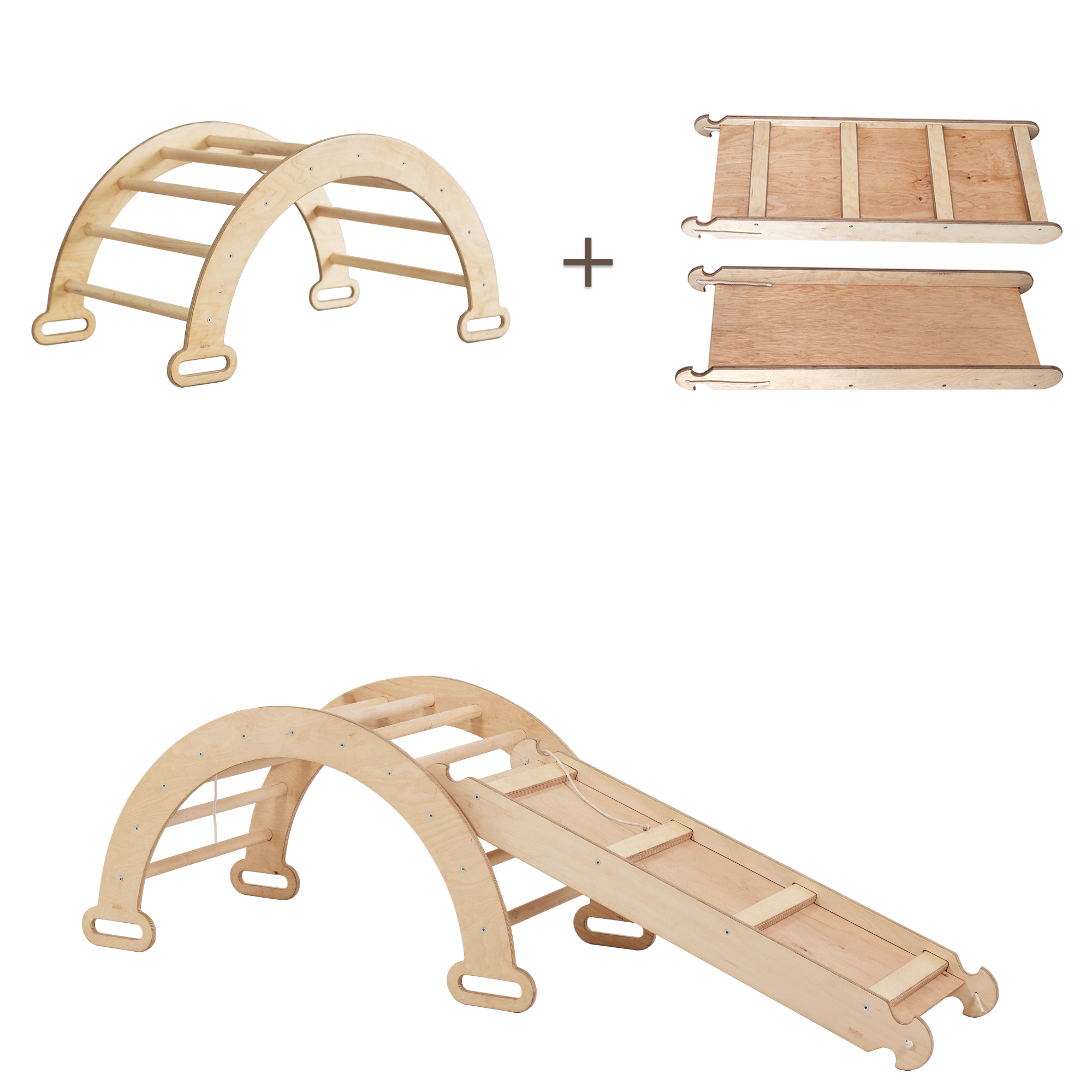 2in1 Montessori Climbing Frame Set: Arch/Rocker Balance + Slide Board/Ramp - Beige 2in1 Playsets Goodevas Beige  