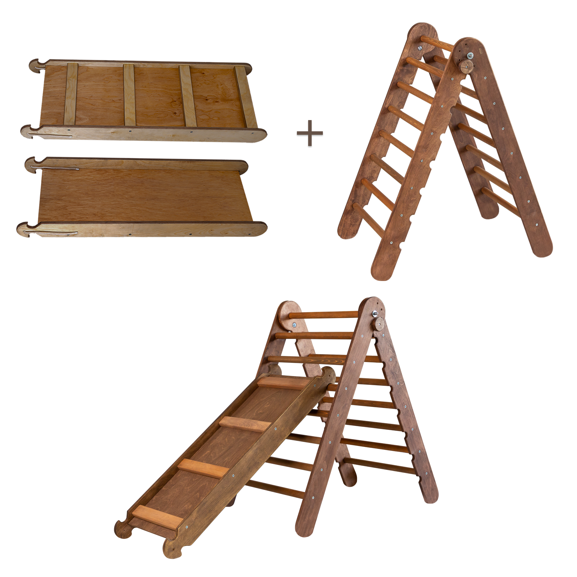 2in1 Montessori Climbing Frame Set: Triangle Ladder + Slide Board/Ramp – Chocolate 2in1 Playsets Goodevas Chocolate  