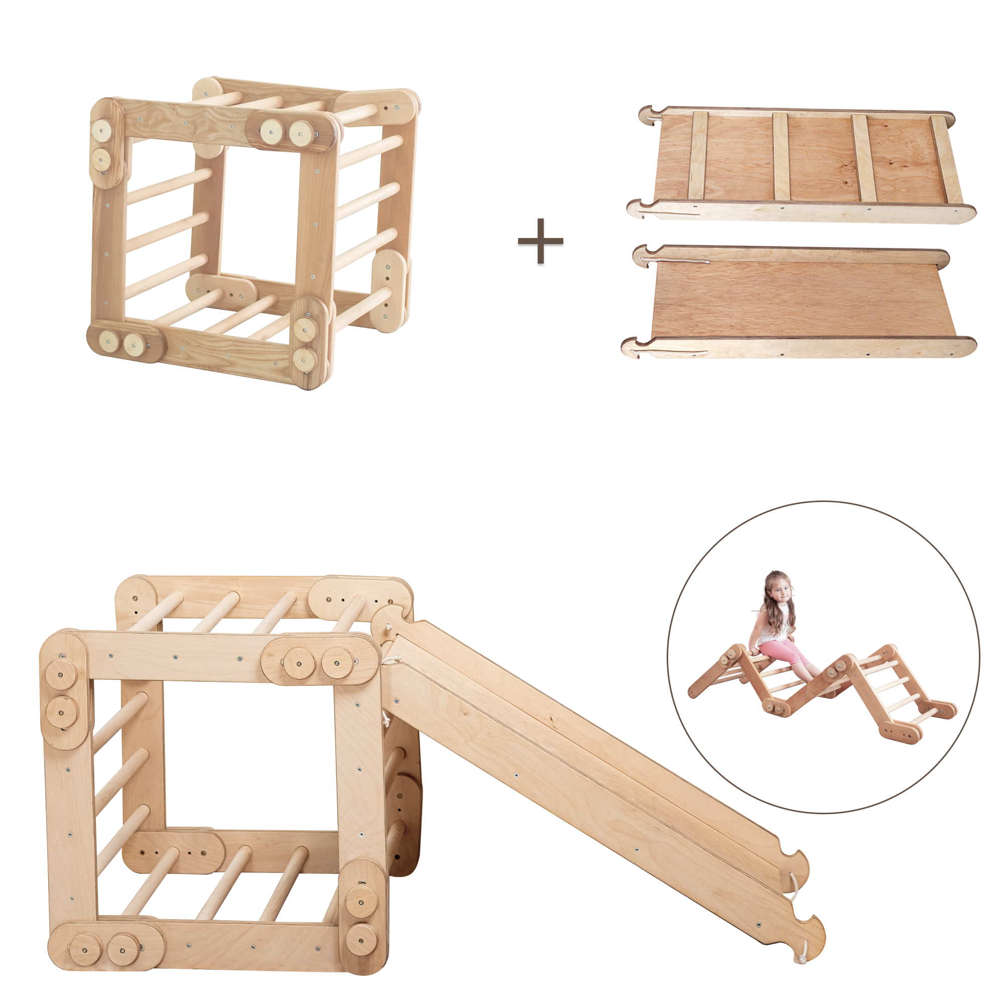 2in1 Montessori Climbing Set: Snake Ladder + Slide Board/Climbing Ramp – Beige 2in1 Playsets Goodevas   