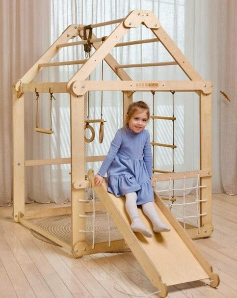 Indoor Wooden Playhouse with Swings and Slide Board Playhouses Goodevas   