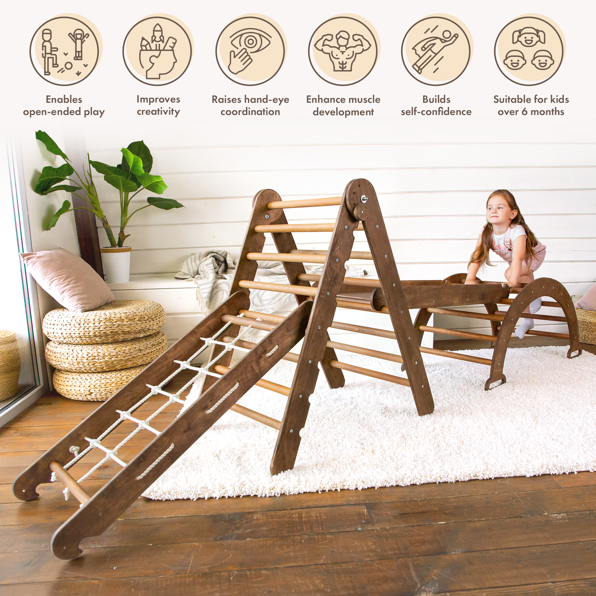 4in1 Montessori Climbing Set: Triangle Ladder + Arch/Rocker + Slide Board/Ramp + Net – Chocolate 4in1 Playsets Goodevas   