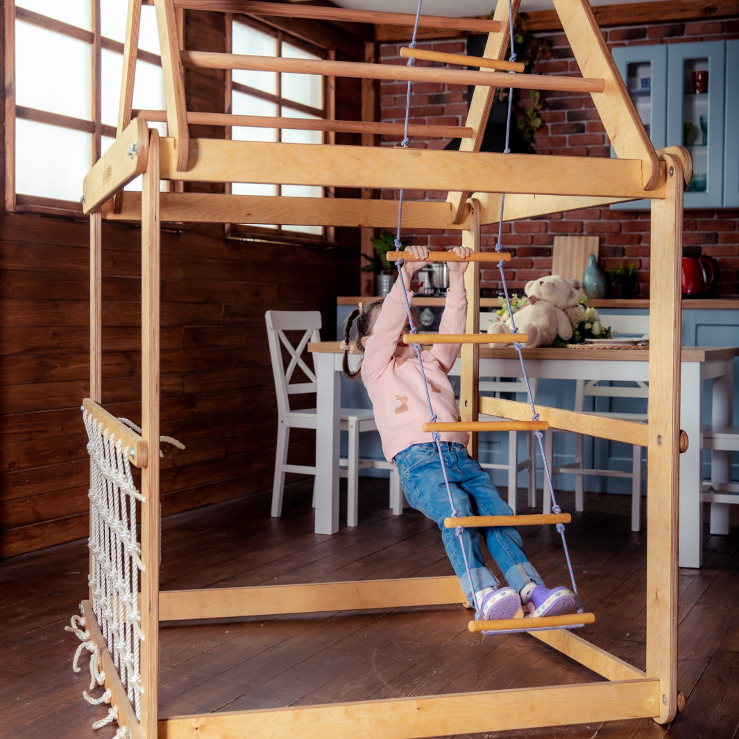 Indoor Wooden Playhouse with Triangle ladder, Slide Board and Swings Playhouses Goodevas   