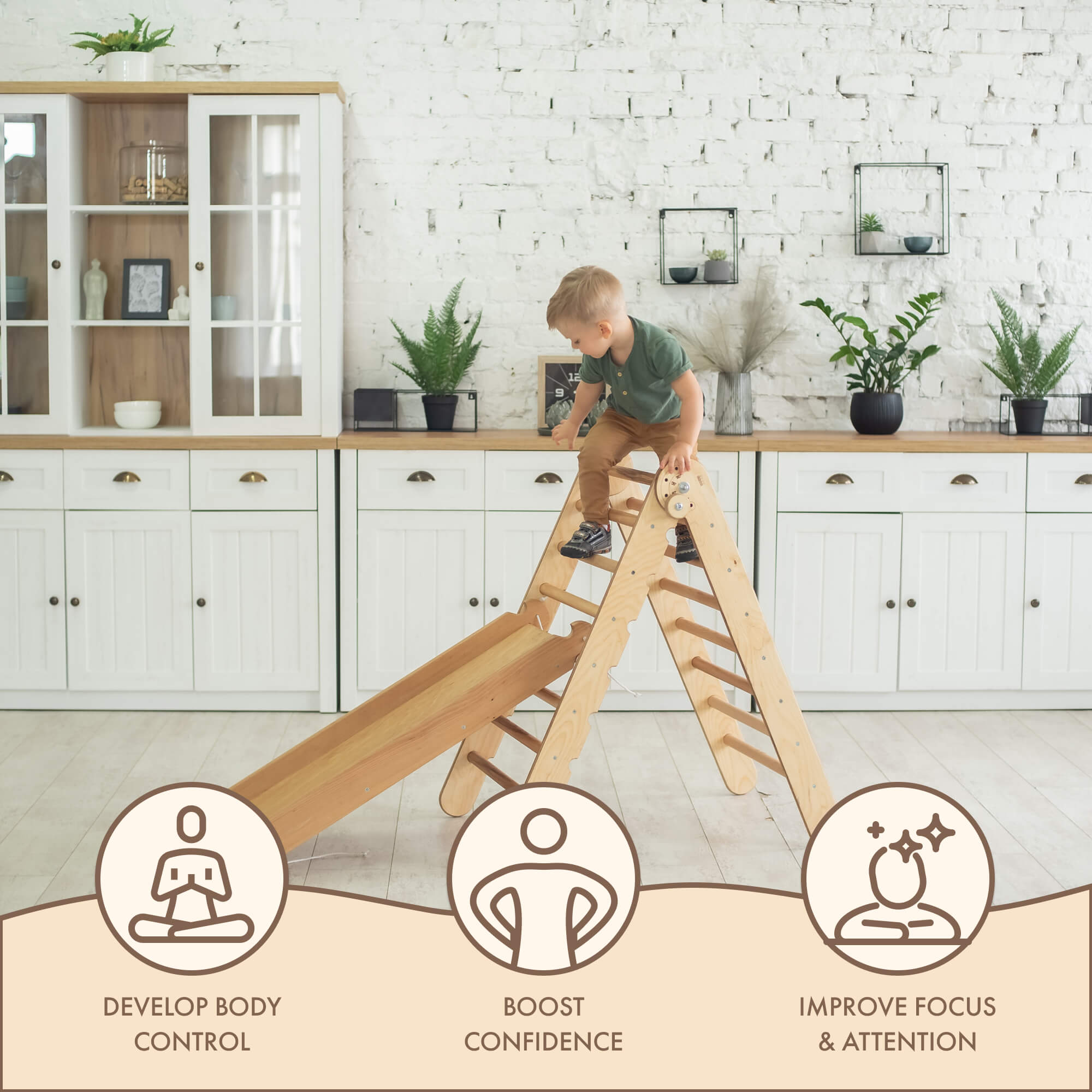 2in1 Montessori Climbing Set: Triangle Ladder + Slide Board/Ramp – Beige 2in1 Playsets Goodevas   